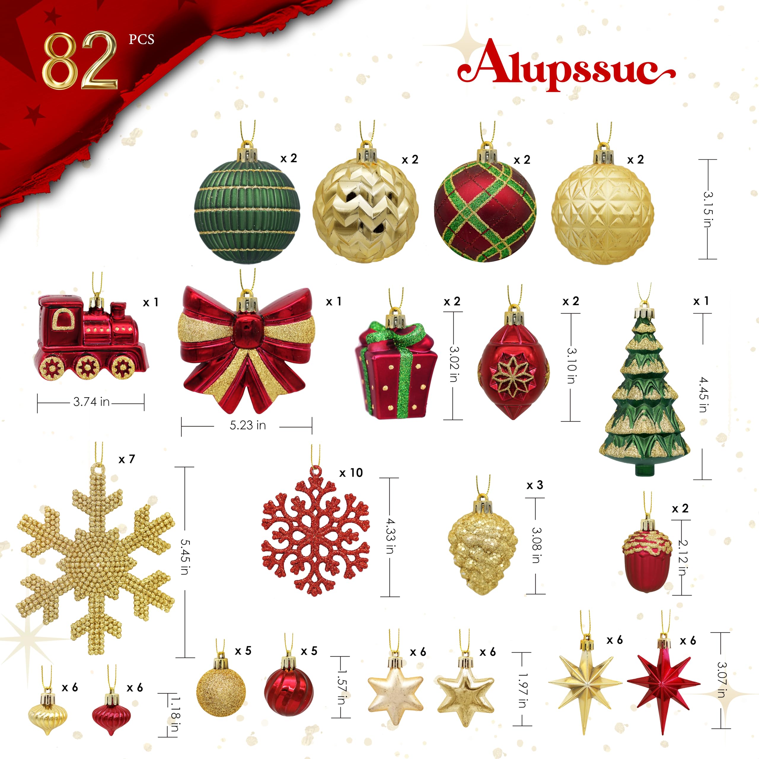 82pcs Gold,Red and Green Christmas Balls Ornaments Set with Hanging Strings - SHareconn