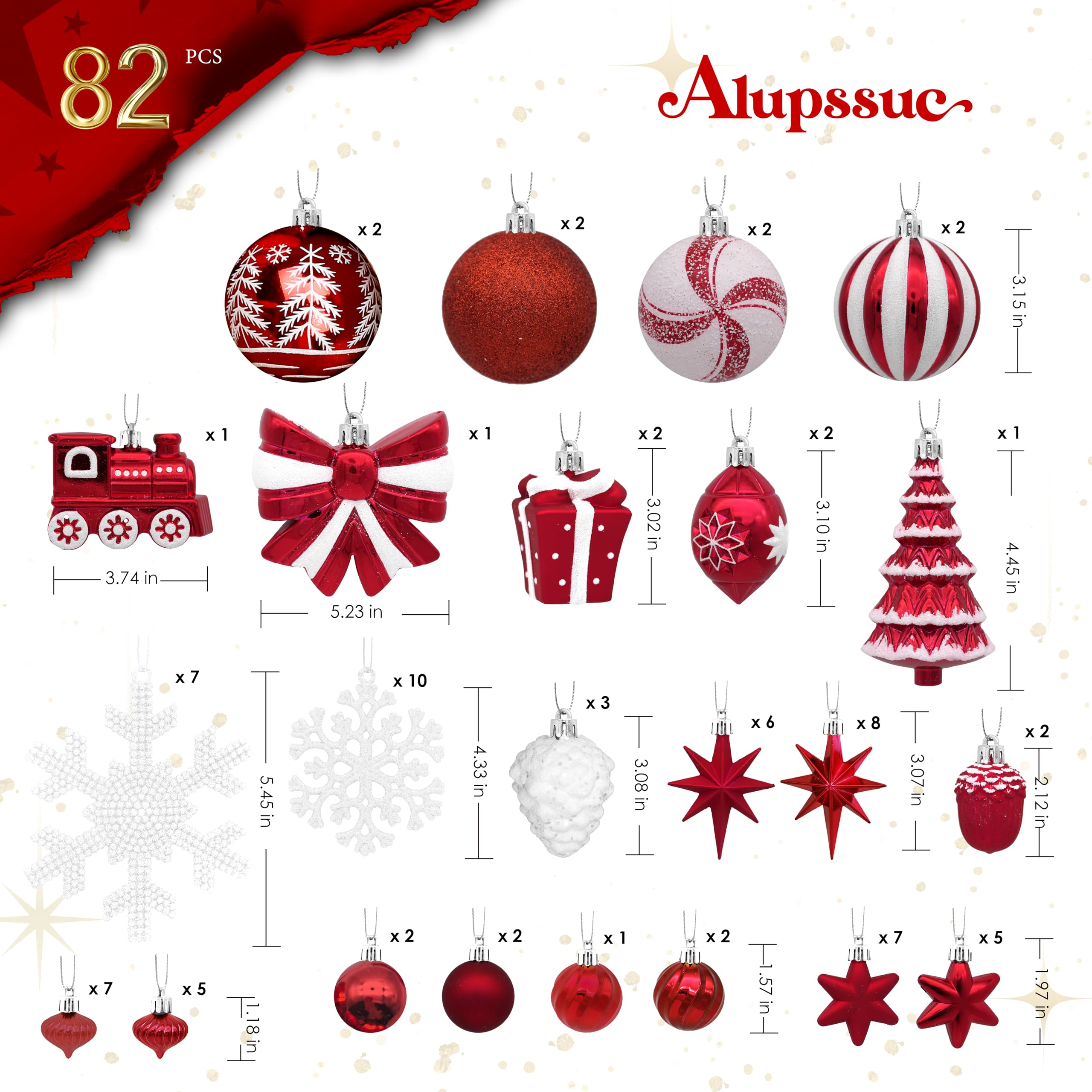 82pcs Red and White Christmas Balls Ornaments Set with Hanging Strings - SHareconn