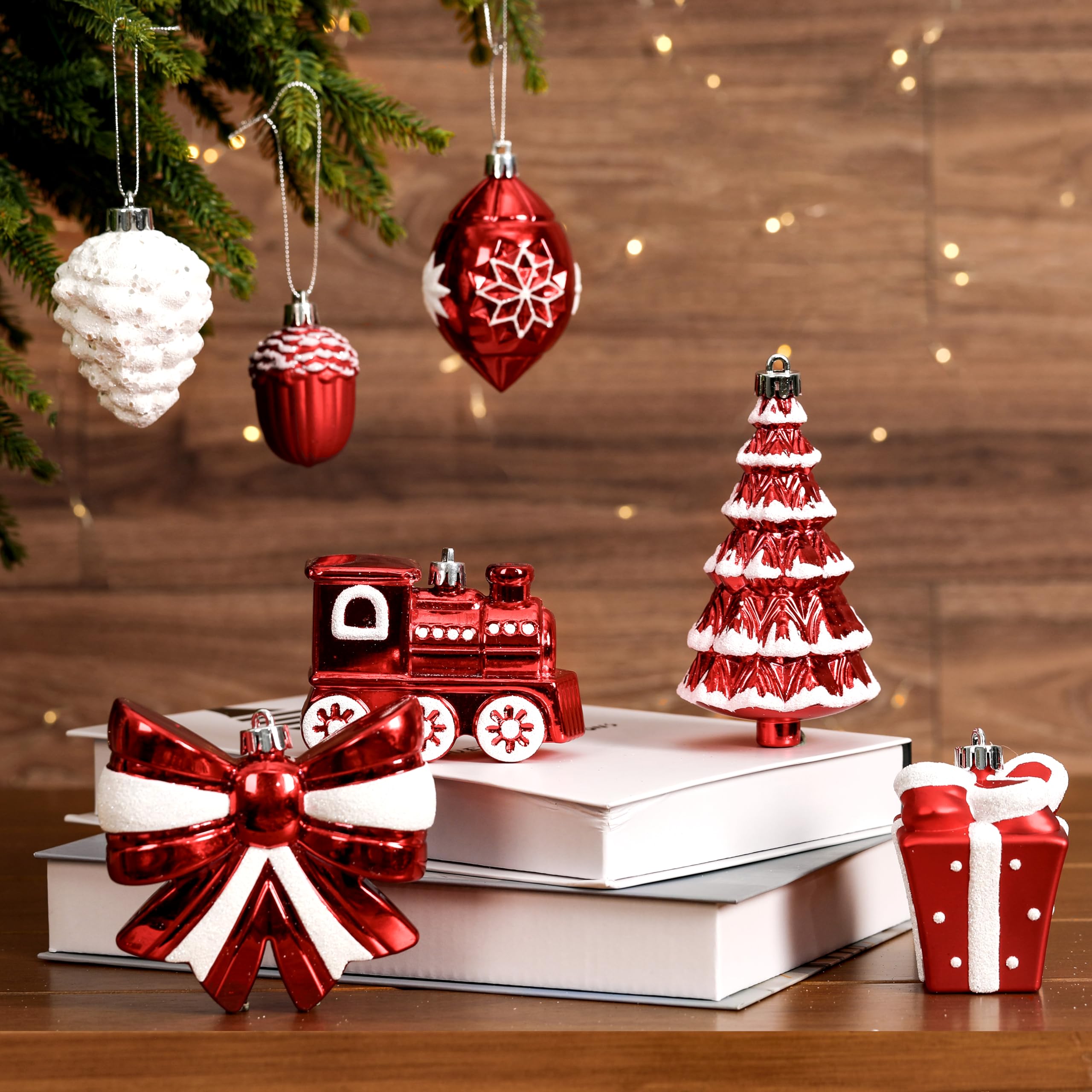 82pcs Red and White Christmas Balls Ornaments Set with Hanging Strings - SHareconn