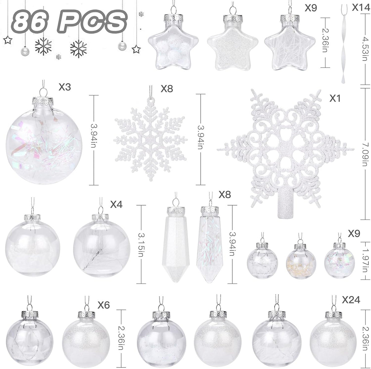 86pcs Shatterproof Plastic Clear Christmas Balls Ornaments Set - SHareconn