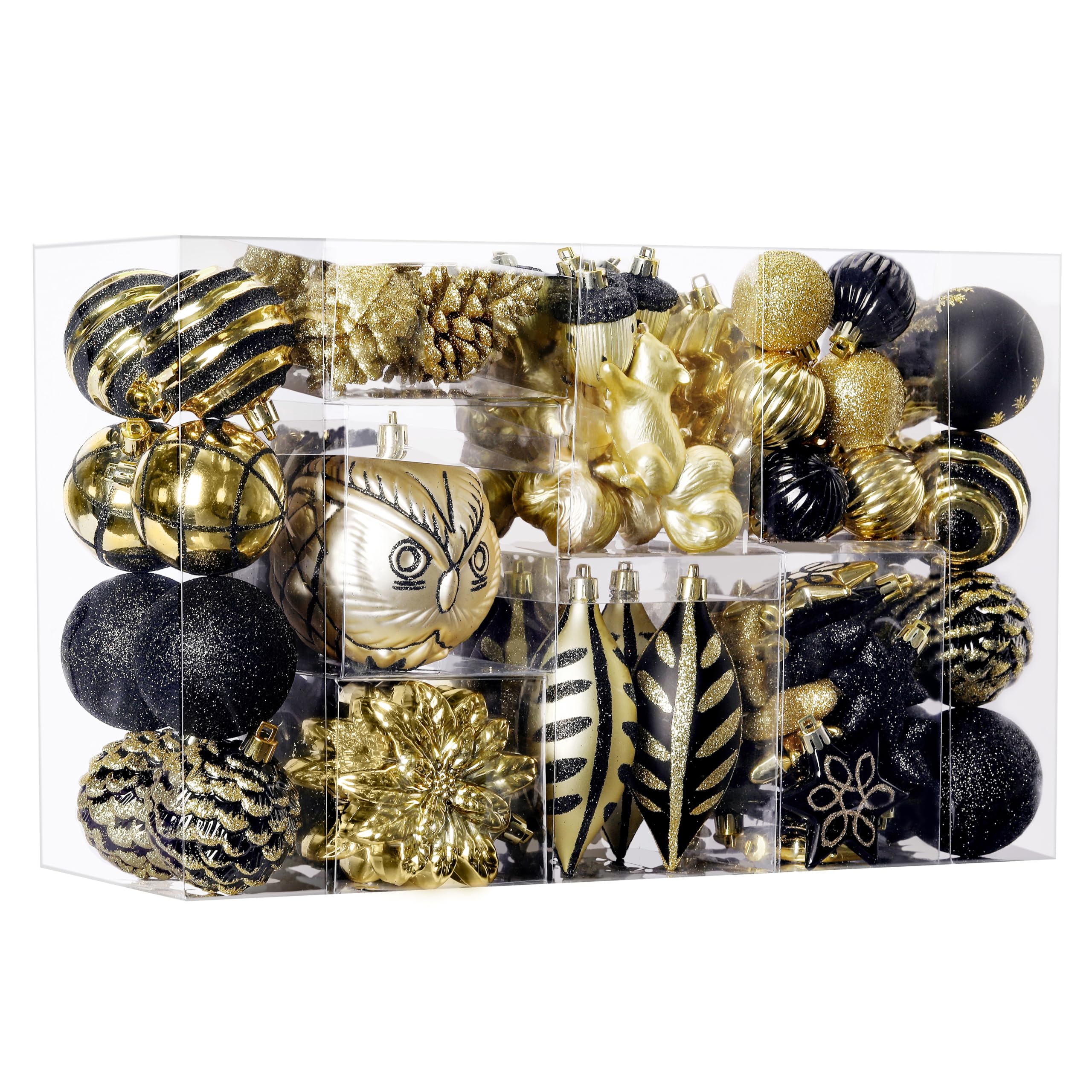 96pcs Black & Gold Forest Theme and Animal Designs Christmas Tree Ornaments Set - SHareconn
