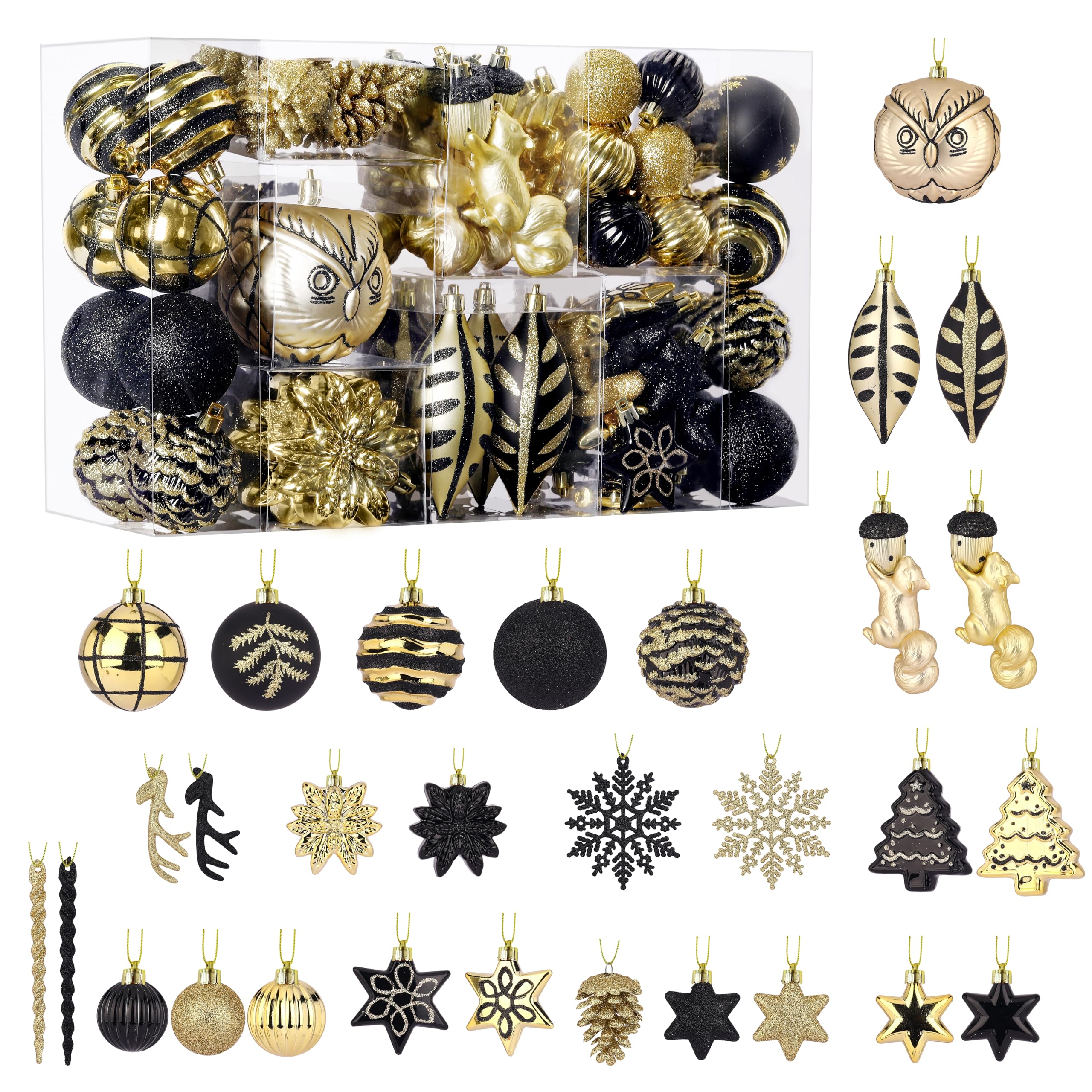 96pcs Black & Gold Forest Theme and Animal Designs Christmas Tree Ornaments Set - SHareconn
