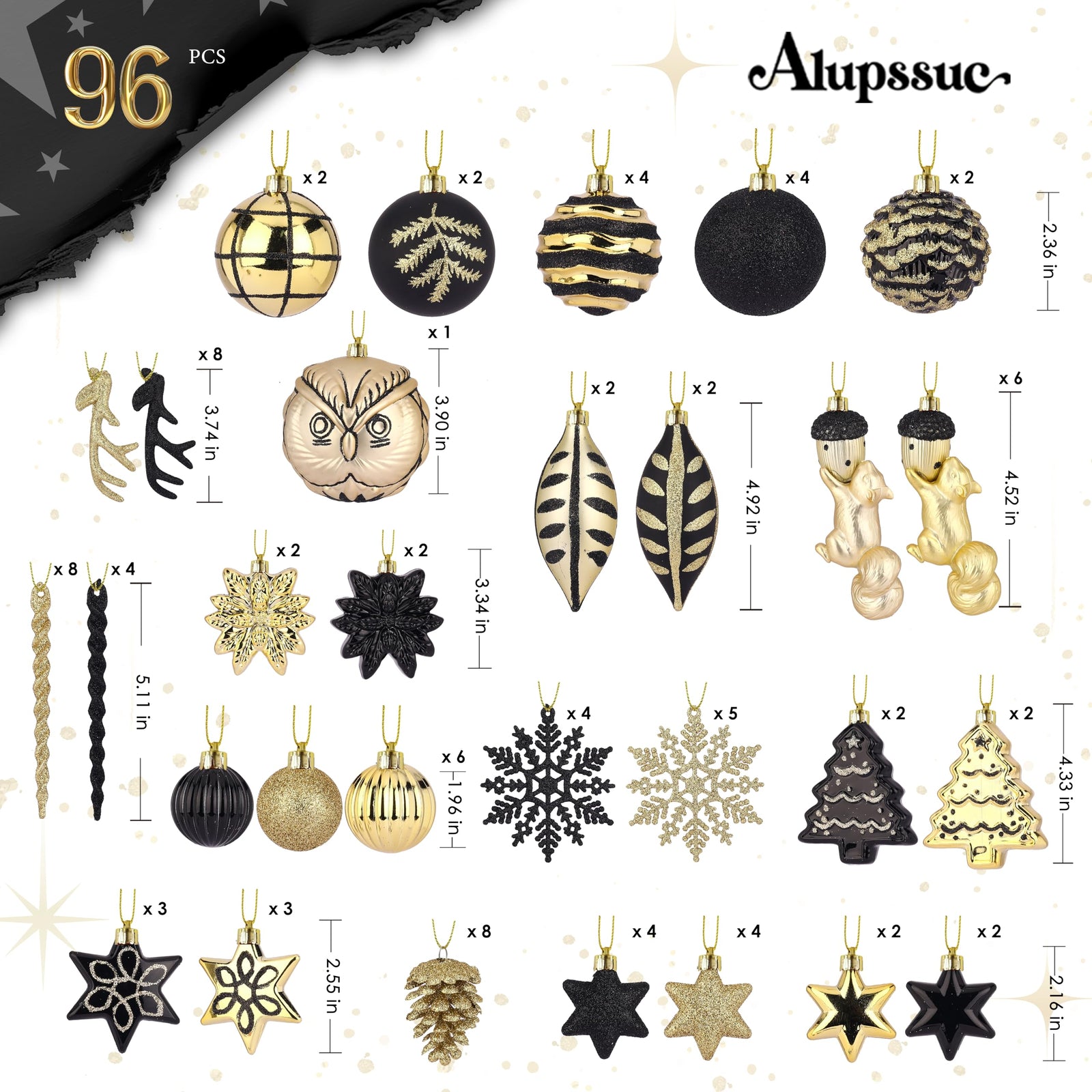 96pcs Black & Gold Forest Theme and Animal Designs Christmas Tree Ornaments Set - SHareconn