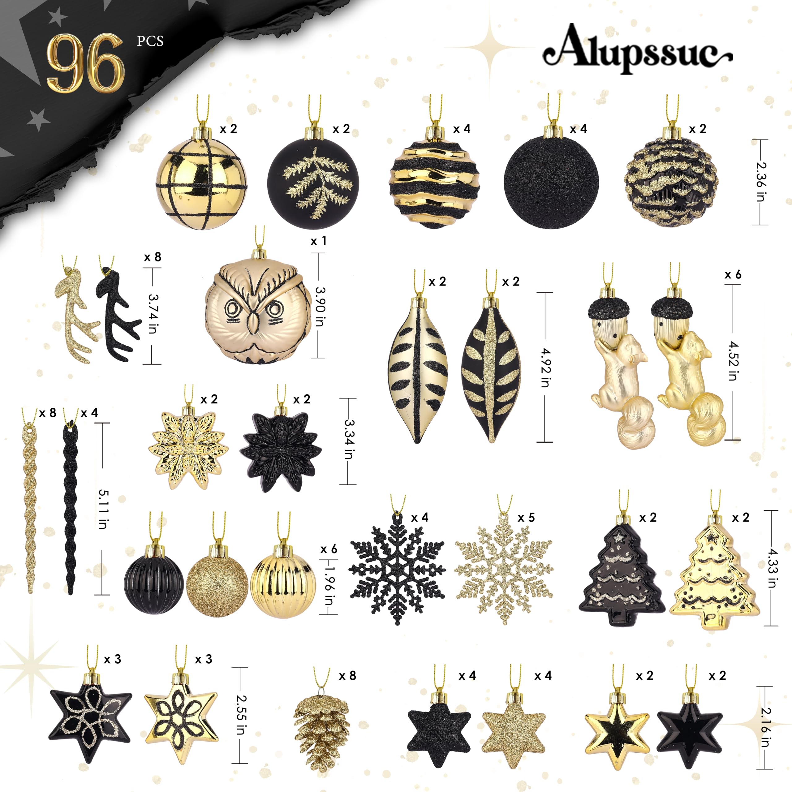 96pcs Black & Gold Forest Theme and Animal Designs Christmas Tree Ornaments Set - SHareconn