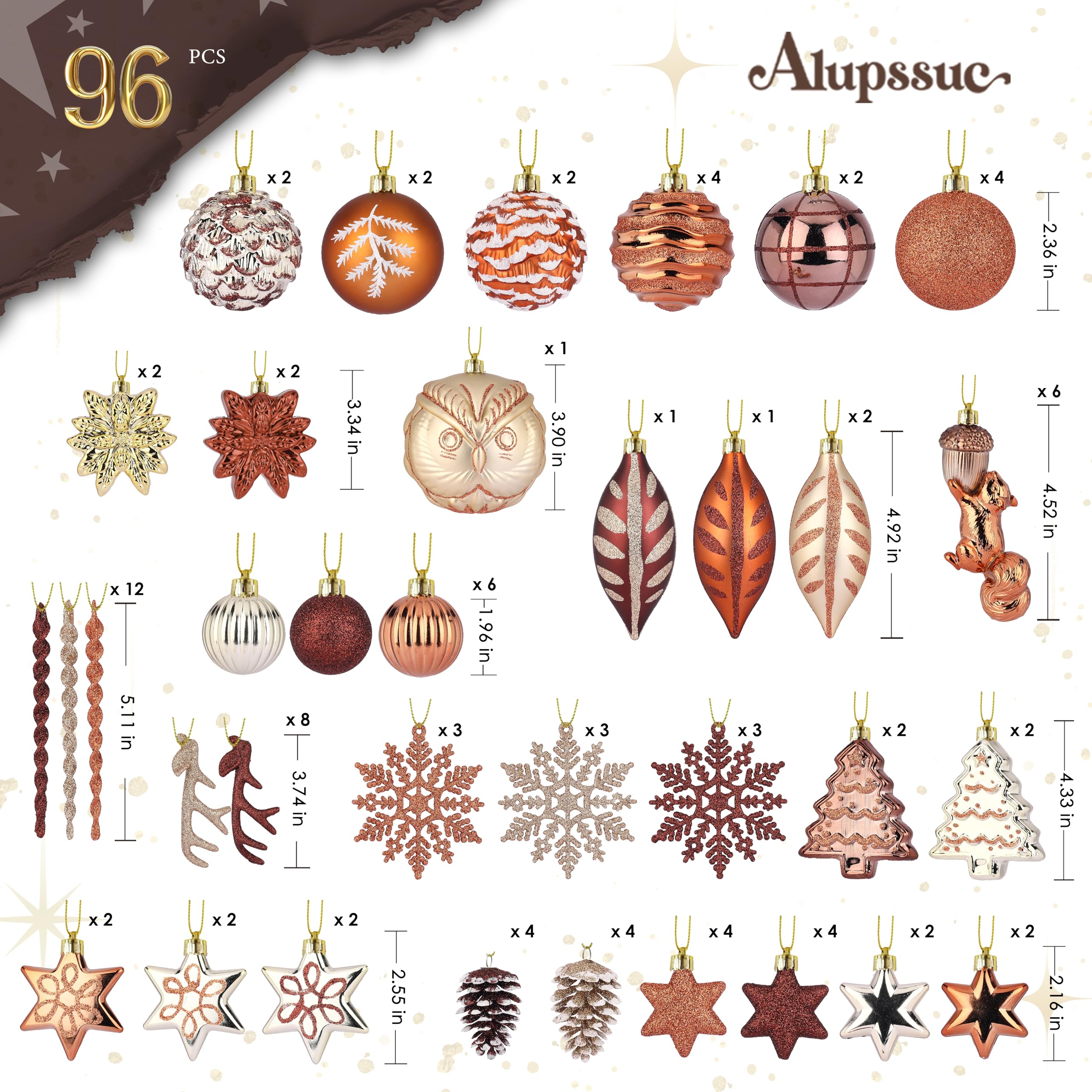 96pcs Bronze Copper & Gold Forest Theme and Animal Designs Christmas Tree Ornaments Set - SHareconn