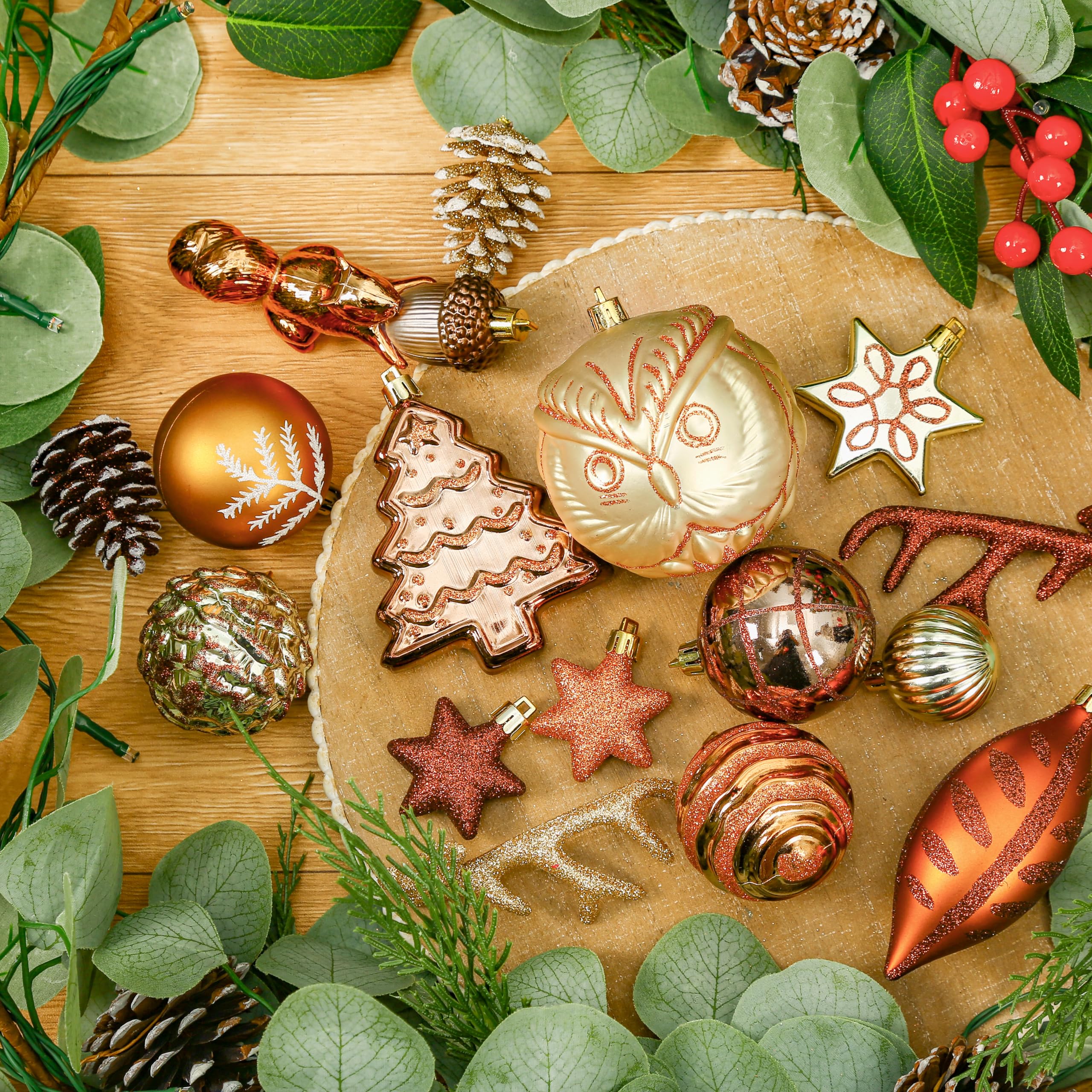96pcs Bronze Copper & Gold Forest Theme and Animal Designs Christmas Tree Ornaments Set - SHareconn