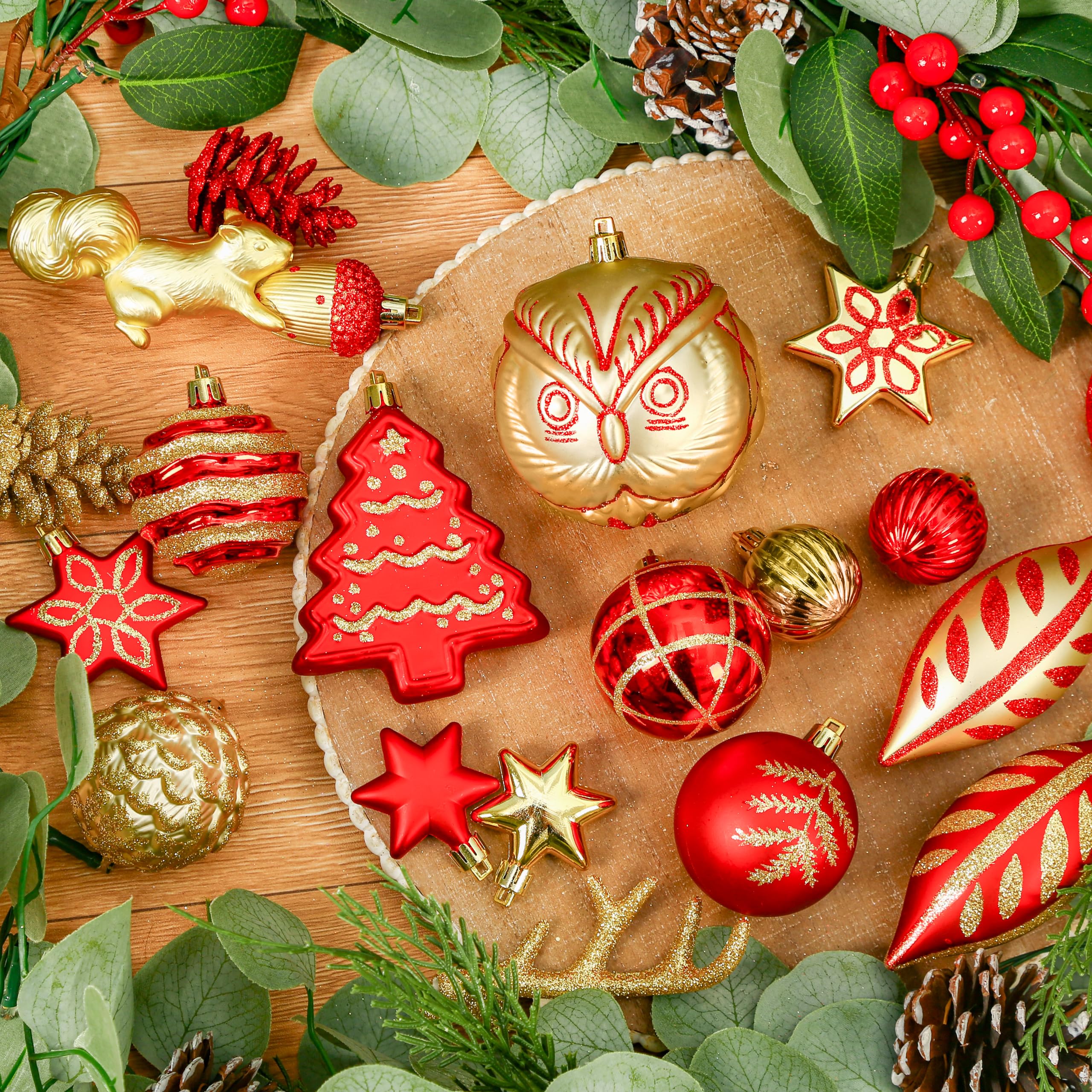 96pcs Red & Gold Forest Theme and Animal Designs Christmas Tree Ornaments Set - SHareconn