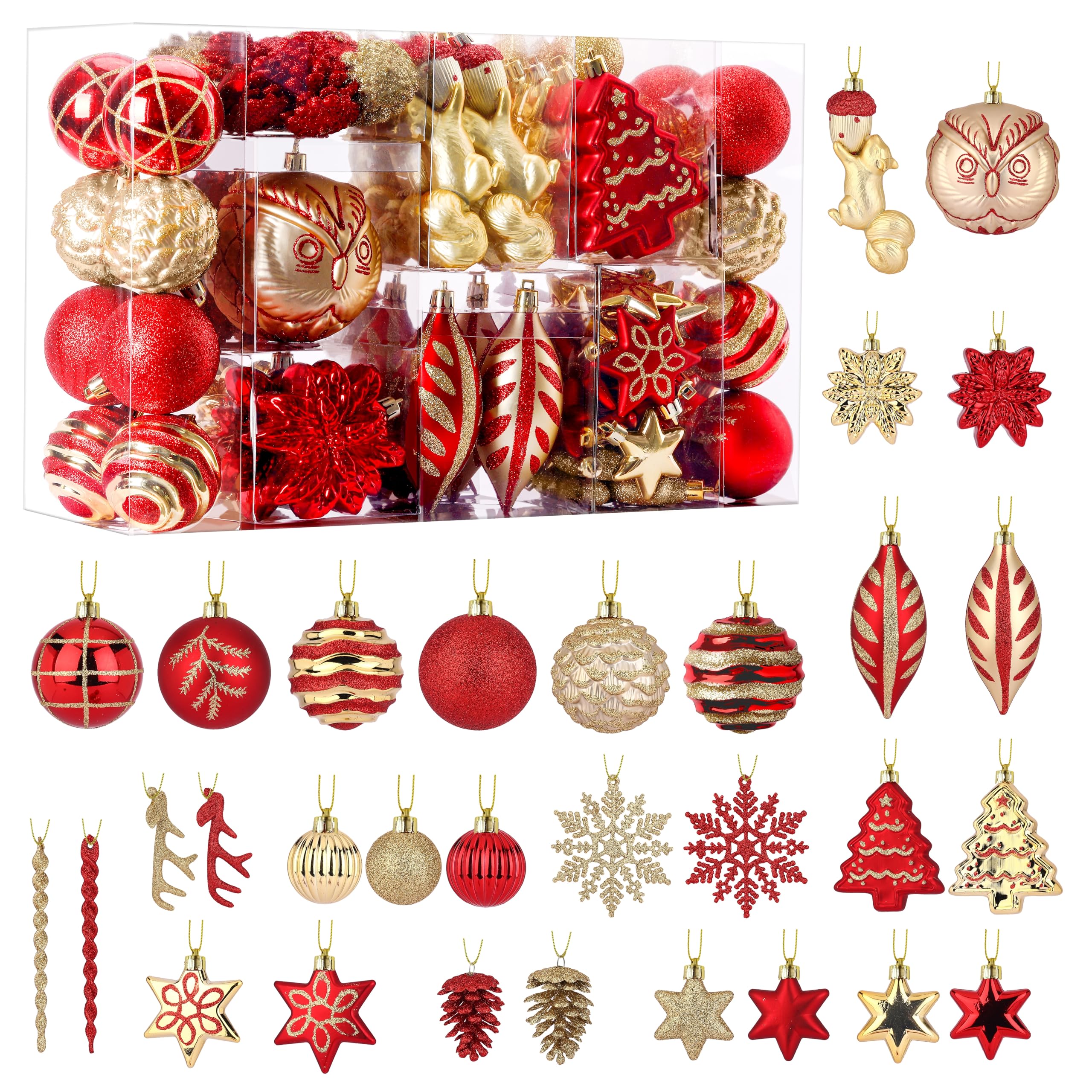 96pcs Red & Gold Forest Theme and Animal Designs Christmas Tree Ornaments Set - SHareconn