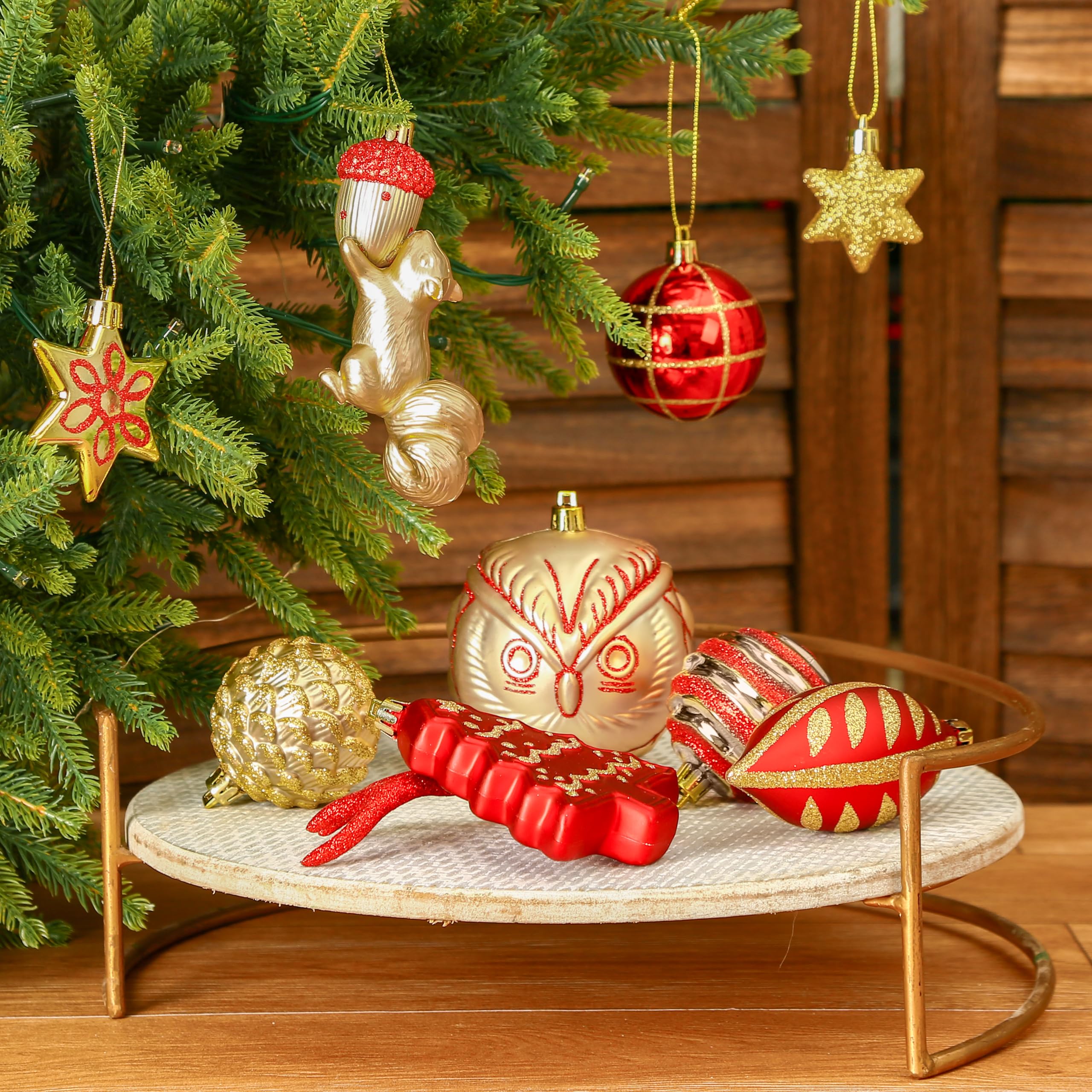 96pcs Red & Gold Forest Theme and Animal Designs Christmas Tree Ornaments Set - SHareconn