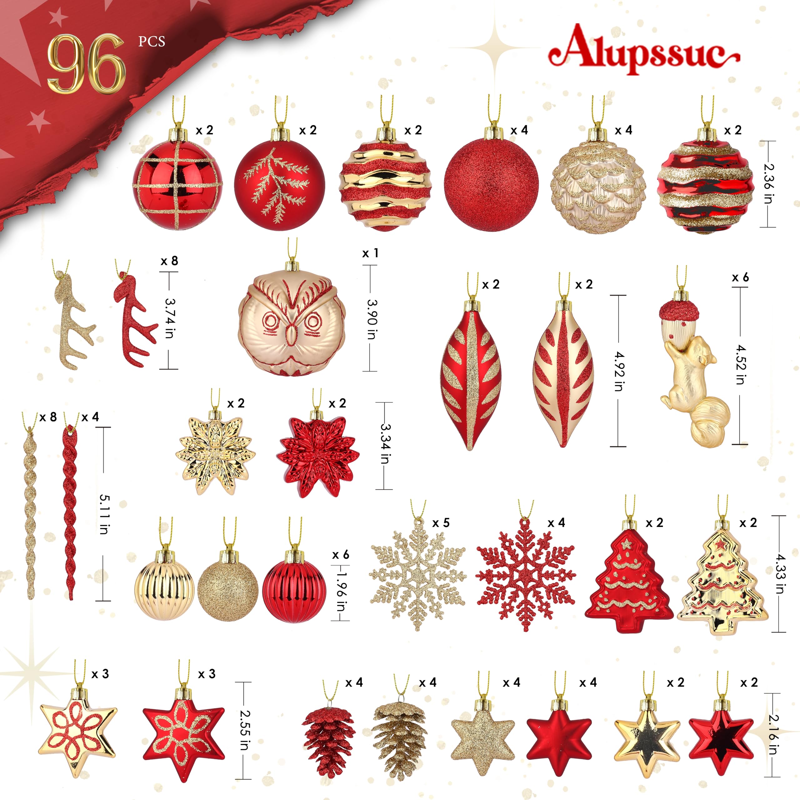96pcs Red & Gold Forest Theme and Animal Designs Christmas Tree Ornaments Set - SHareconn