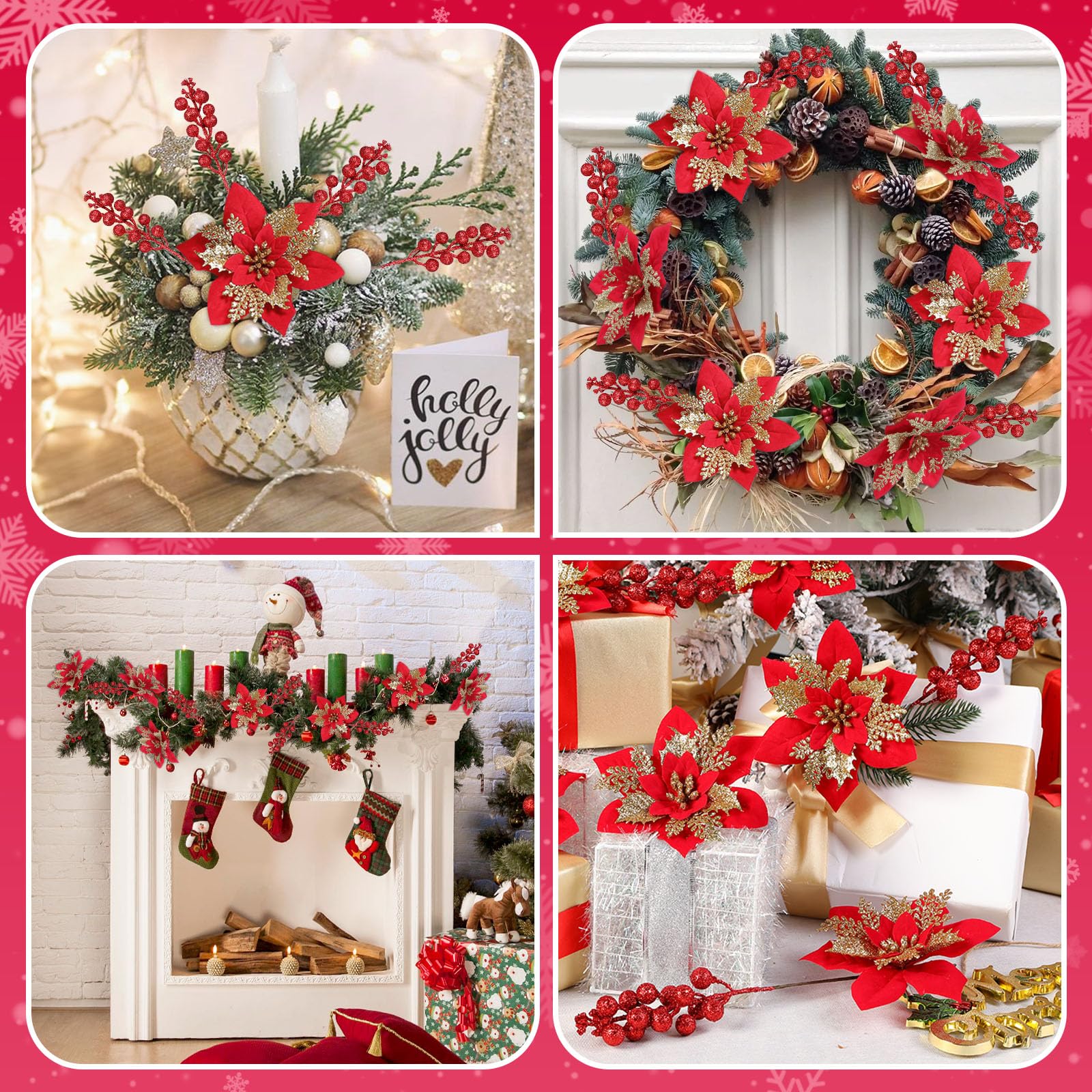 12Pcs Poinsettias Artificial Christmas Flowers+12Pcs Holly Berry Stems for Christmas Tree Decor - SHareconn