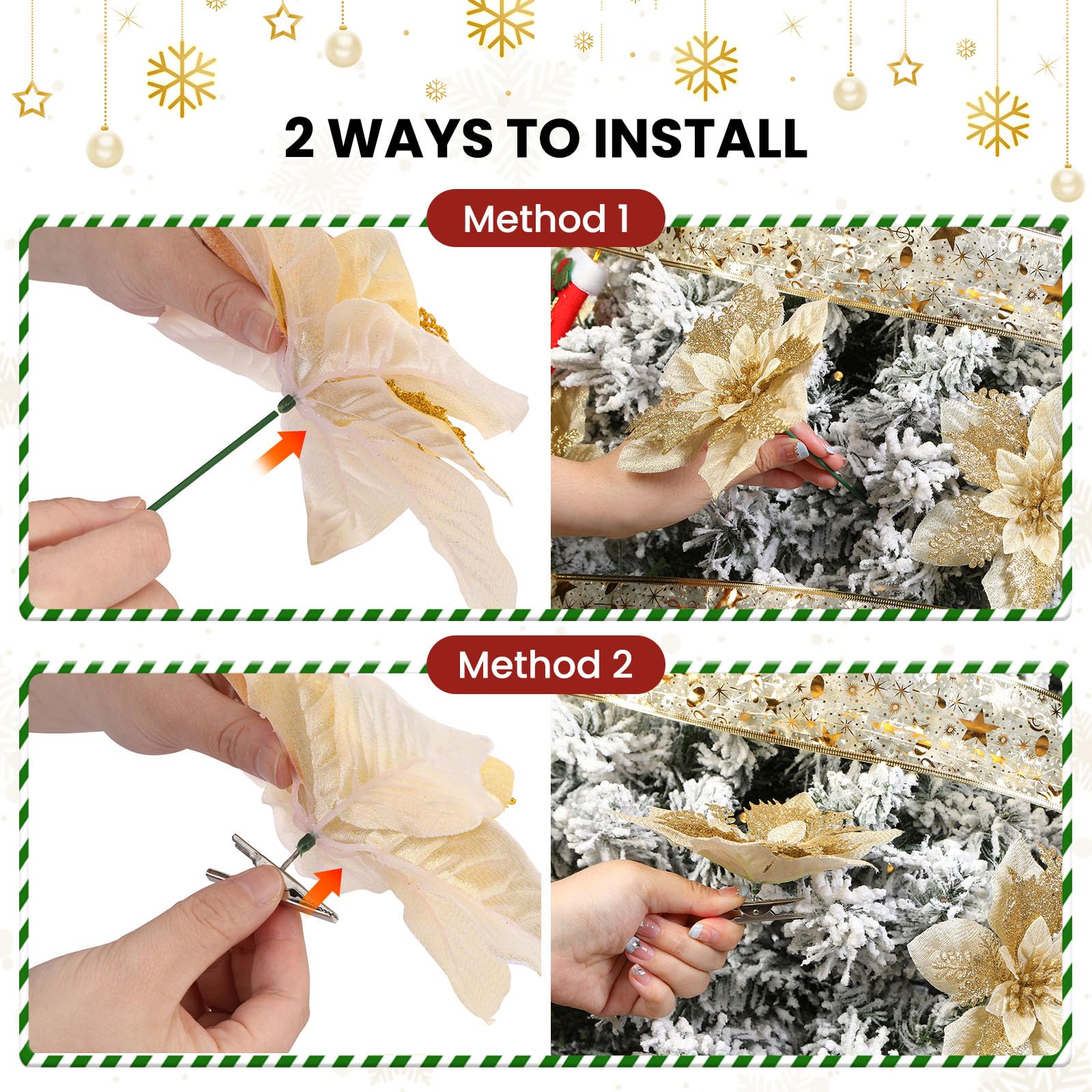 24 Pcs 6"&9" Gold Large Size Poinsettia Artificial Christmas Flowers Decorations for Christmas Tree with Clips&Sticks - SHareconn