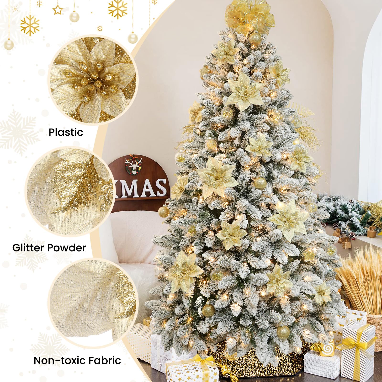 24 Pcs 6"&9" Gold Large Size Poinsettia Artificial Christmas Flowers Decorations for Christmas Tree with Clips&Sticks - SHareconn