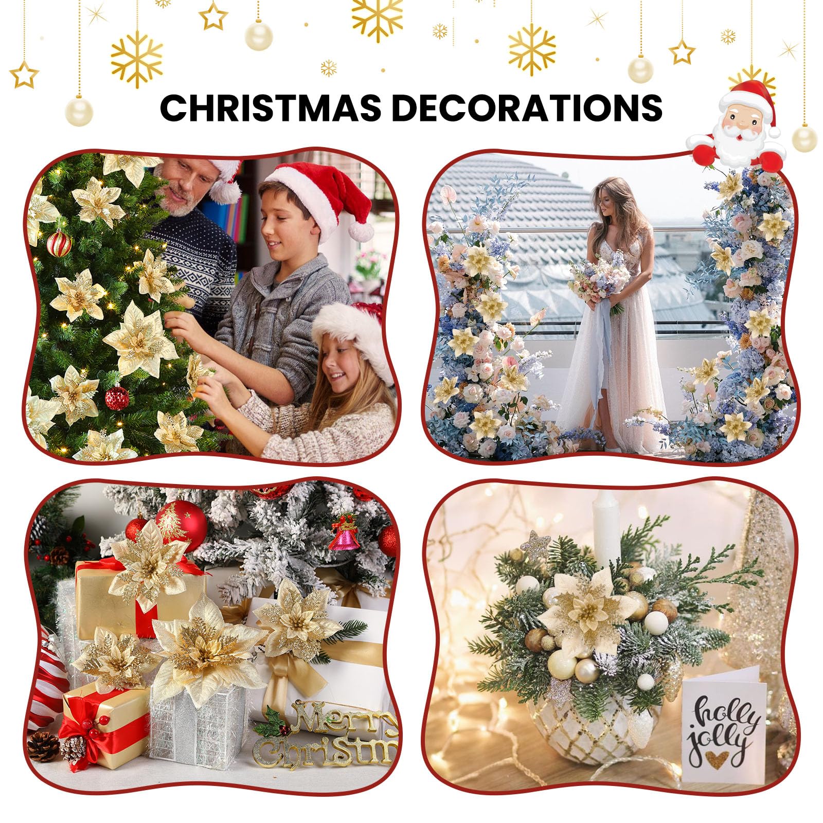 24 Pcs 6"&9" Gold Large Size Poinsettia Artificial Christmas Flowers Decorations for Christmas Tree with Clips&Sticks - SHareconn