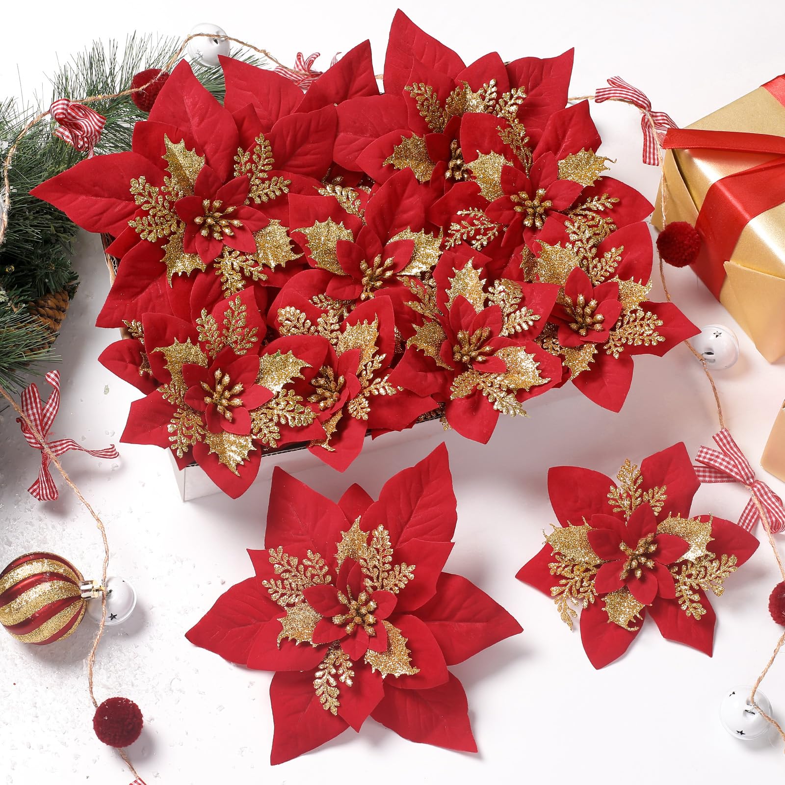 24 Pcs 6"&9" Red&Gold Large Poinsettia Artificial Christmas Flowers Decorations for Christmas Tree with Clips&Sticks - SHareconn