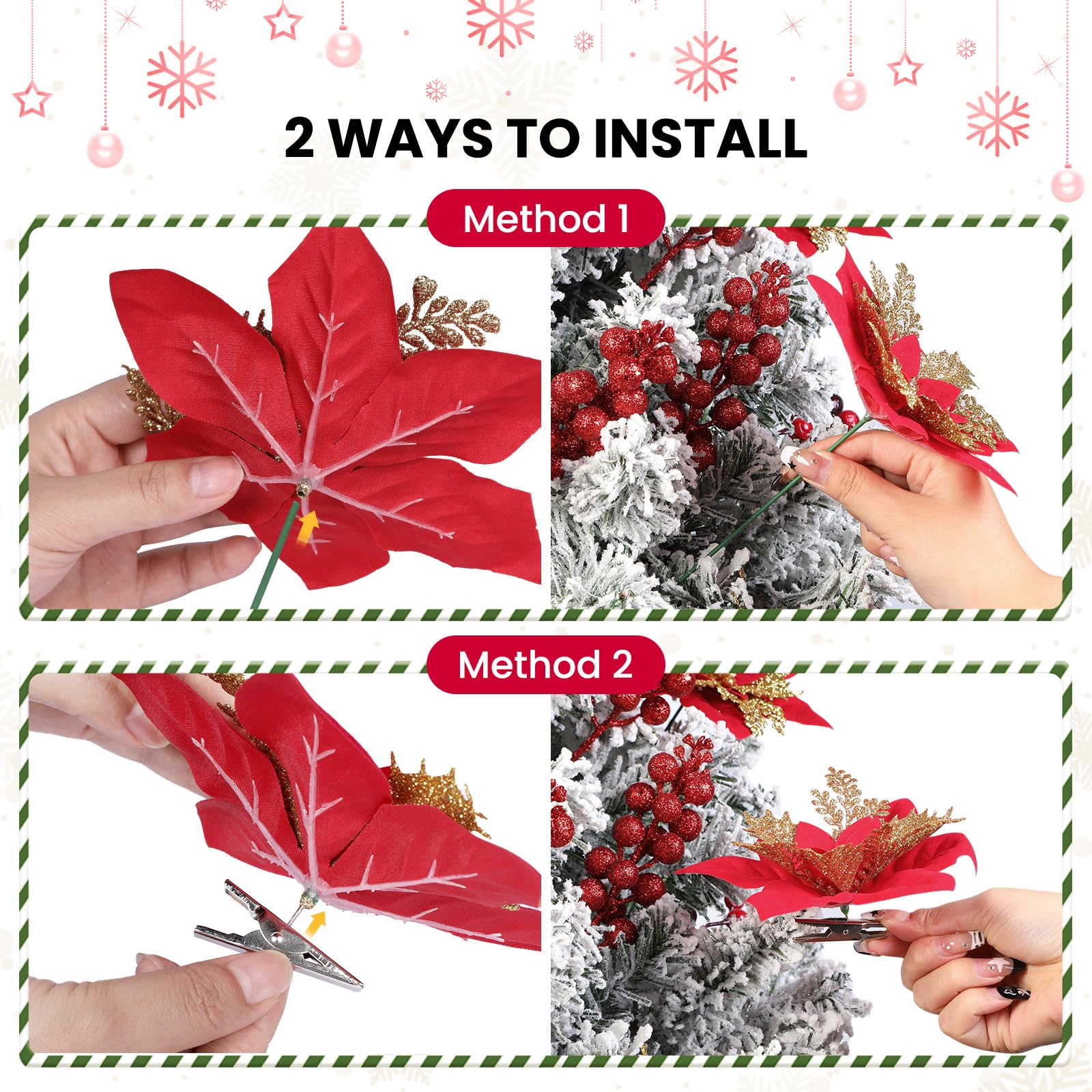 24 Pcs 6"&9" Red&Gold Large Poinsettia Artificial Christmas Flowers Decorations for Christmas Tree with Clips&Sticks - SHareconn