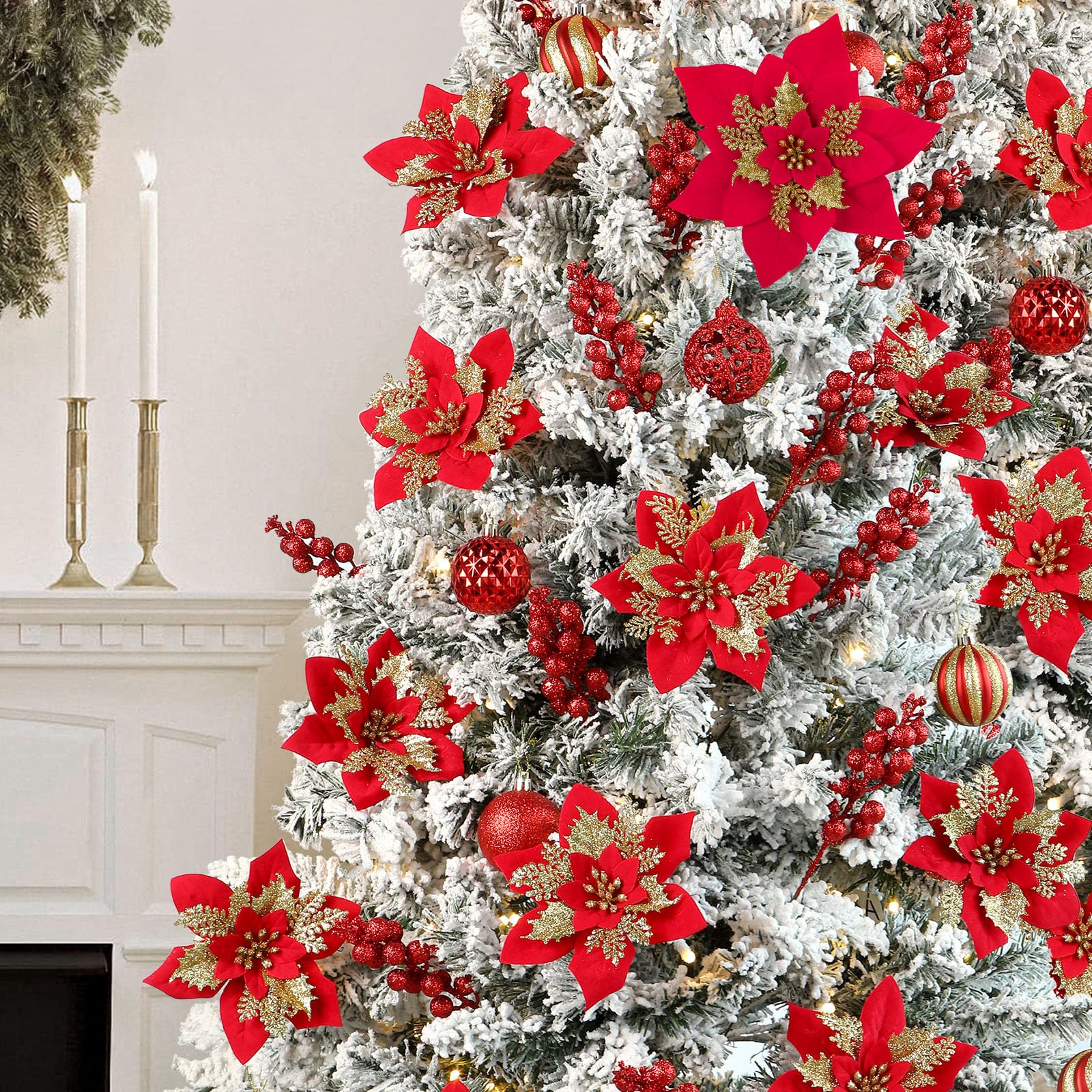 24 Pcs 6"&9" Red&Gold Large Poinsettia Artificial Christmas Flowers Decorations for Christmas Tree with Clips&Sticks - SHareconn