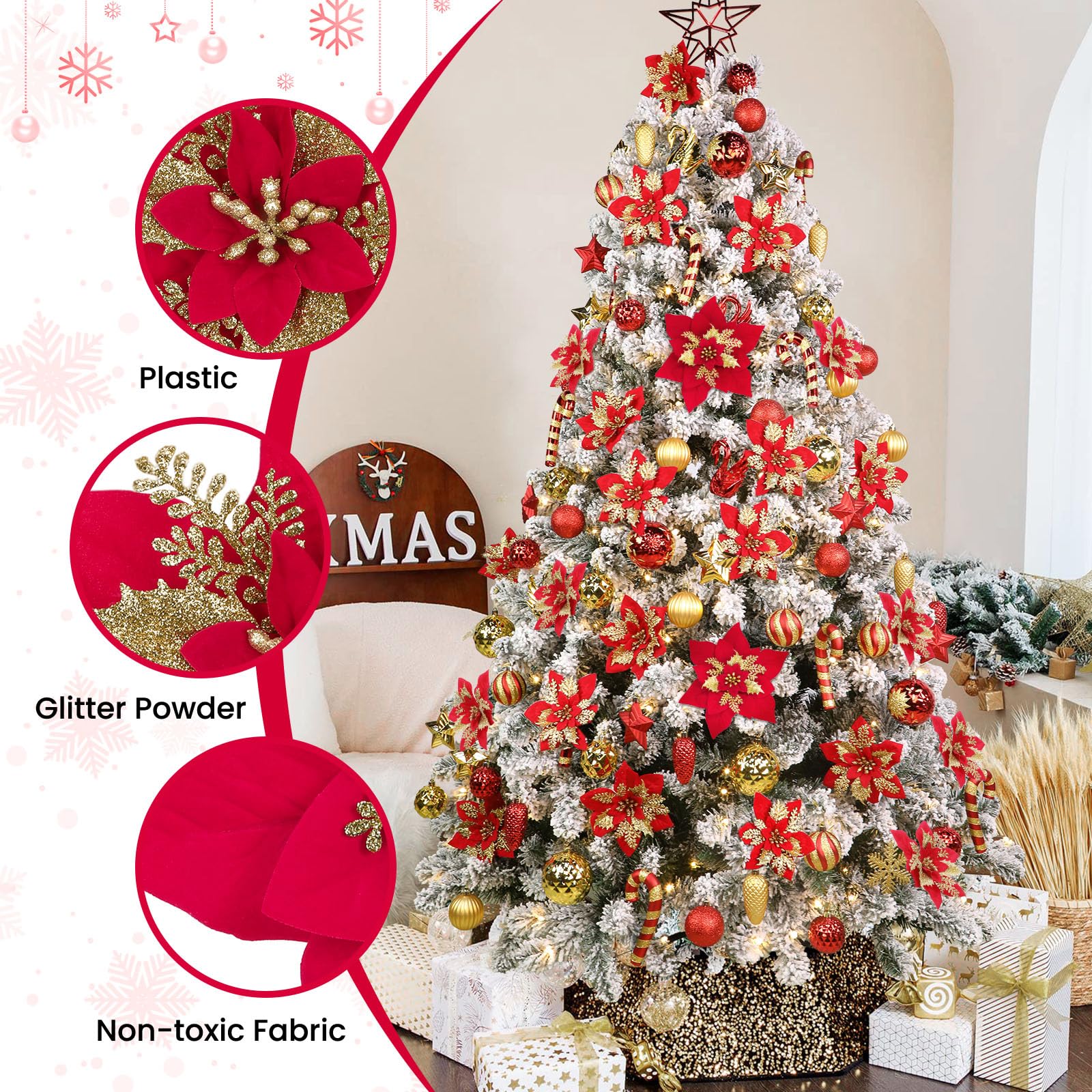 24 Pcs 6"&9" Red&Gold Large Poinsettia Artificial Christmas Flowers Decorations for Christmas Tree with Clips&Sticks - SHareconn