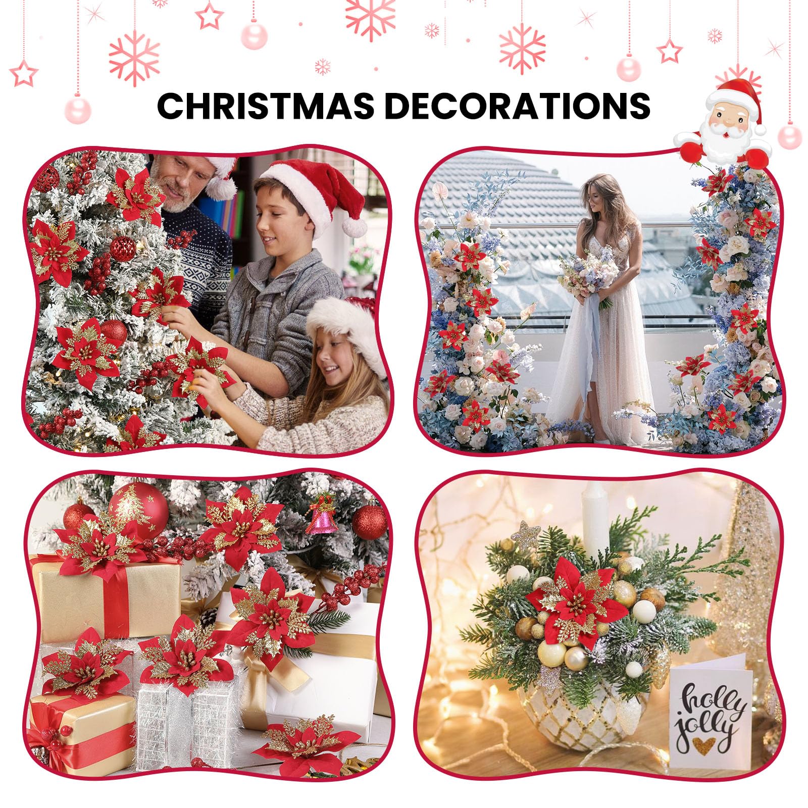 24 Pcs 6"&9" Red&Gold Large Poinsettia Artificial Christmas Flowers Decorations for Christmas Tree with Clips&Sticks - SHareconn