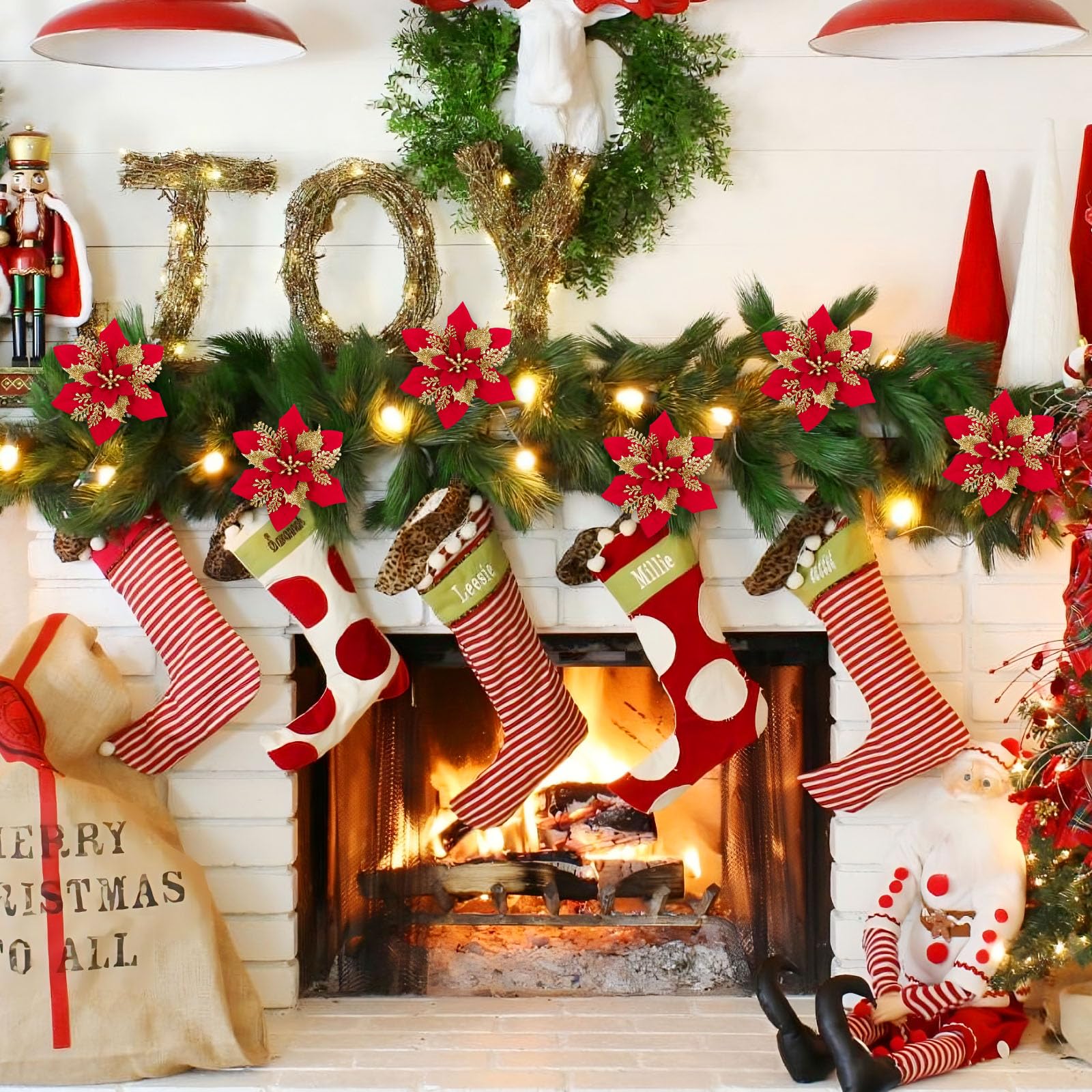 24 Pcs 6"&9" Red&Gold Large Poinsettia Artificial Christmas Flowers Decorations for Christmas Tree with Clips&Sticks - SHareconn