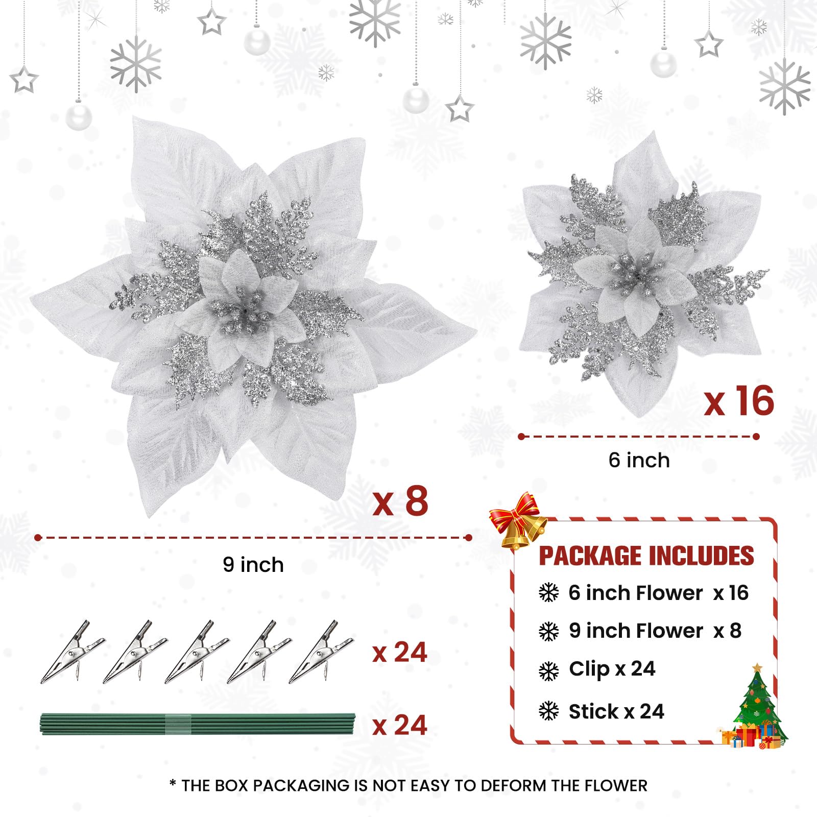 24 Pcs 6"&9" Silver Large Poinsettia Artificial Christmas Flowers Decorations for Christmas Tree with Clips&Sticks - SHareconn