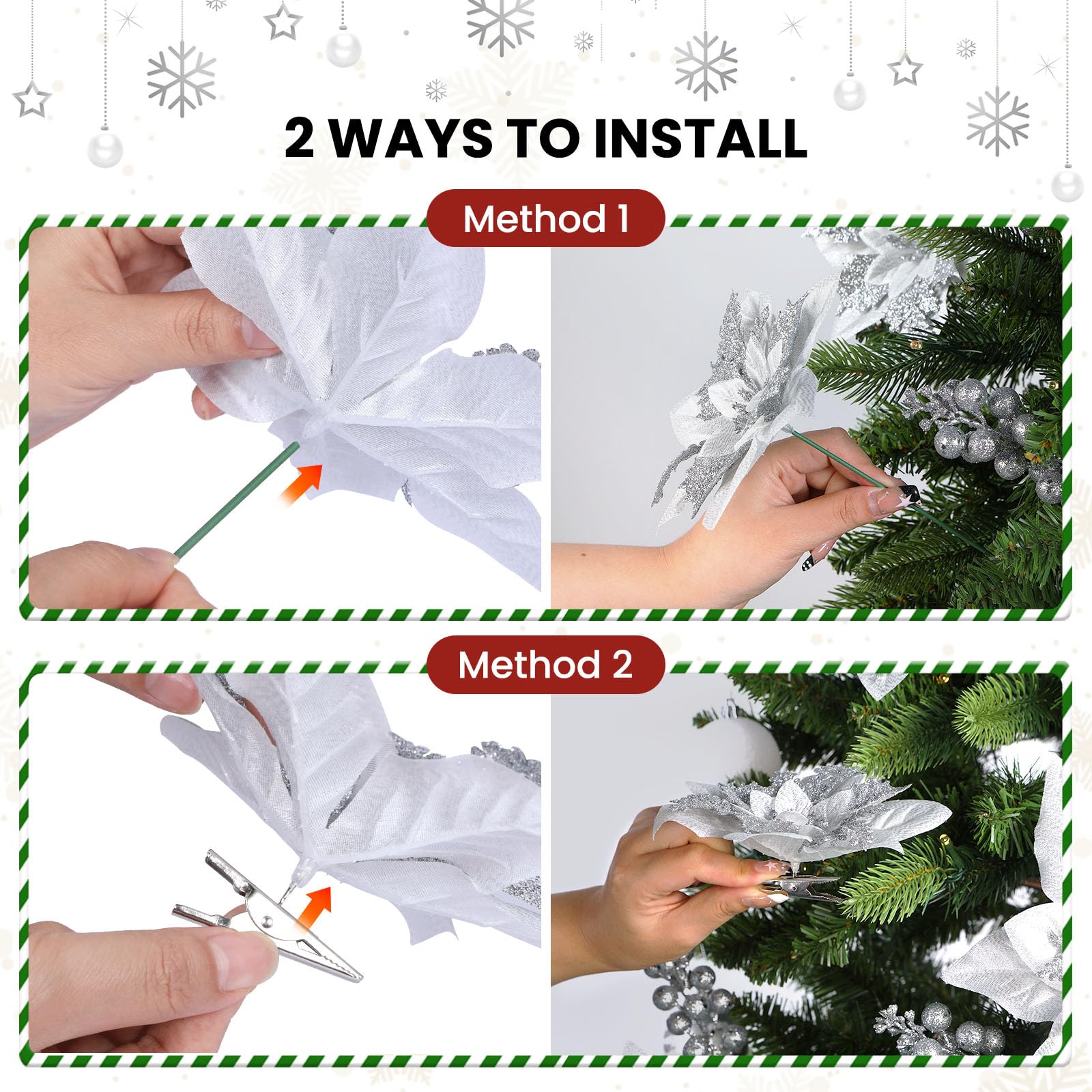 24 Pcs 6"&9" Silver Large Poinsettia Artificial Christmas Flowers Decorations for Christmas Tree with Clips&Sticks - SHareconn