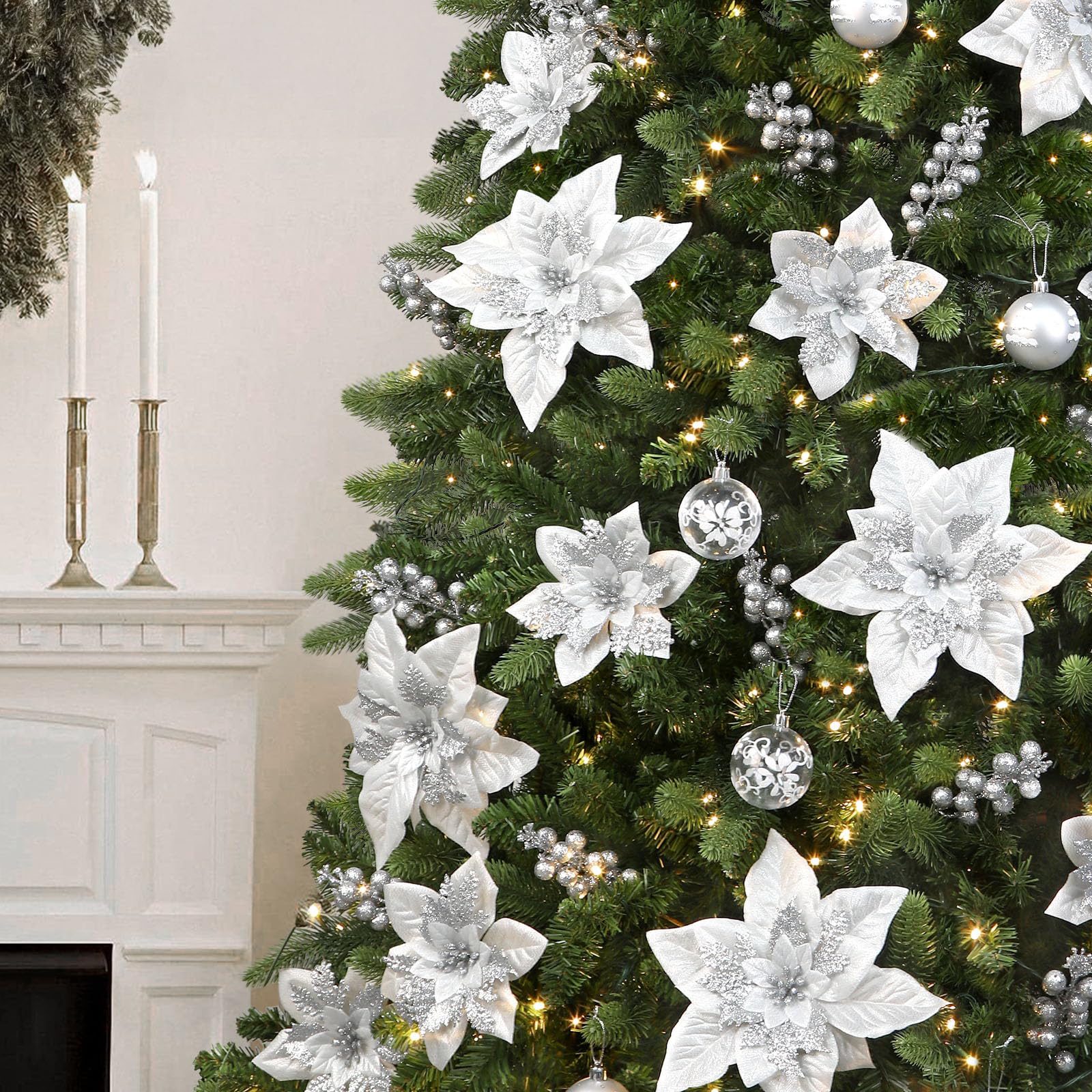 24 Pcs 6"&9" Silver Large Poinsettia Artificial Christmas Flowers Decorations for Christmas Tree with Clips&Sticks - SHareconn