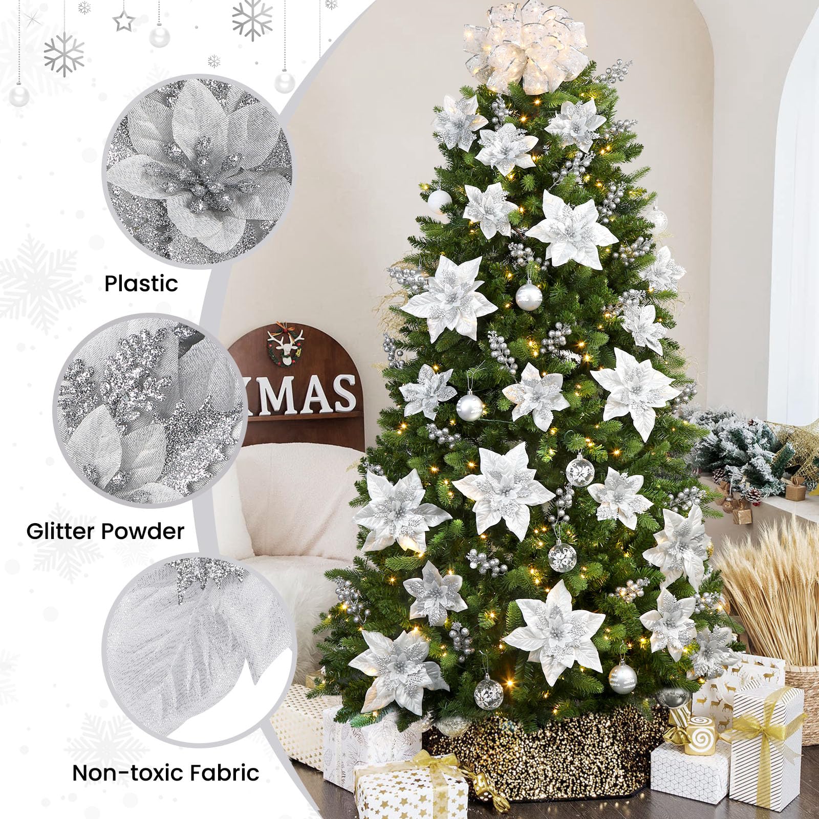 24 Pcs 6"&9" Silver Large Poinsettia Artificial Christmas Flowers Decorations for Christmas Tree with Clips&Sticks - SHareconn
