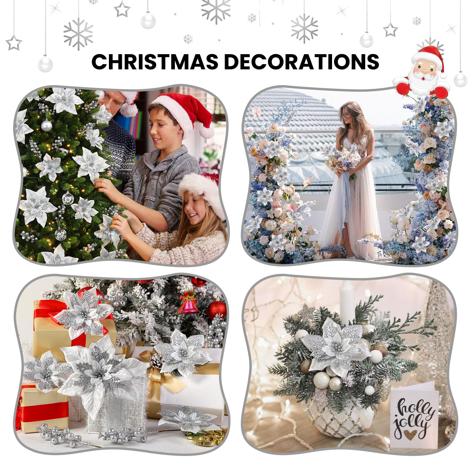 24 Pcs 6"&9" Silver Large Poinsettia Artificial Christmas Flowers Decorations for Christmas Tree with Clips&Sticks - SHareconn