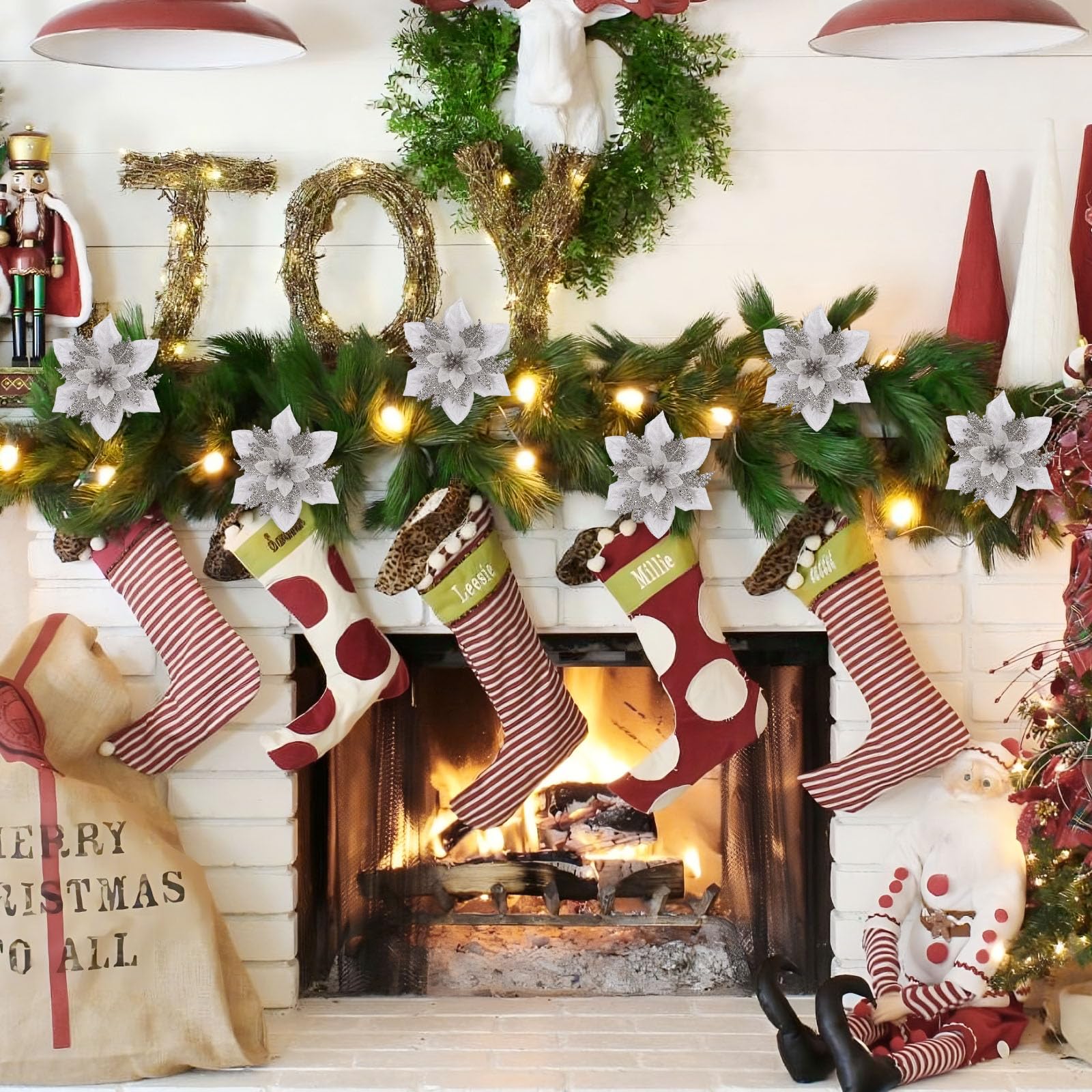 24 Pcs 6"&9" Silver Large Poinsettia Artificial Christmas Flowers Decorations for Christmas Tree with Clips&Sticks - SHareconn