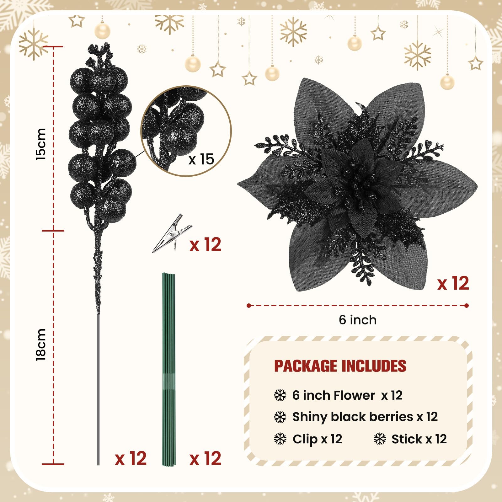 24 Pcs Black Boxed 12Pcs Poinsettias Artificial Christmas Flowers+12Pcs Holly Berry Stems for Christmas Tree Decor - SHareconn