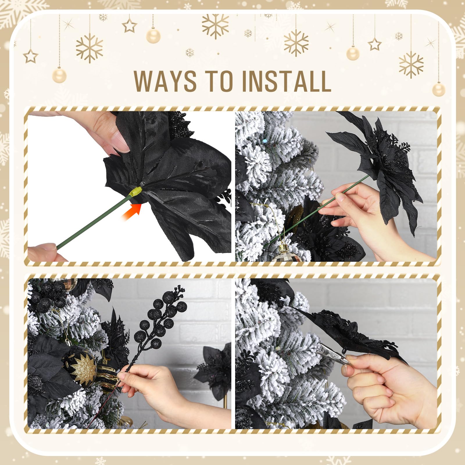 24 Pcs Black Boxed 12Pcs Poinsettias Artificial Christmas Flowers+12Pcs Holly Berry Stems for Christmas Tree Decor - SHareconn