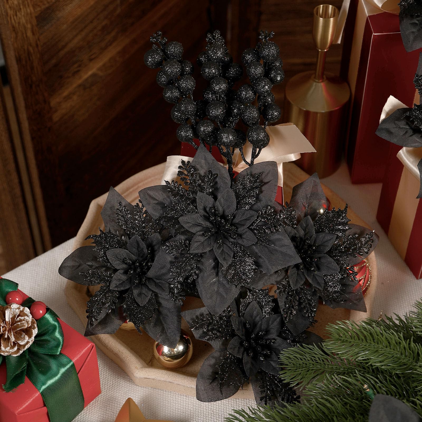 24 Pcs Black Boxed 12Pcs Poinsettias Artificial Christmas Flowers+12Pcs Holly Berry Stems for Christmas Tree Decor - SHareconn