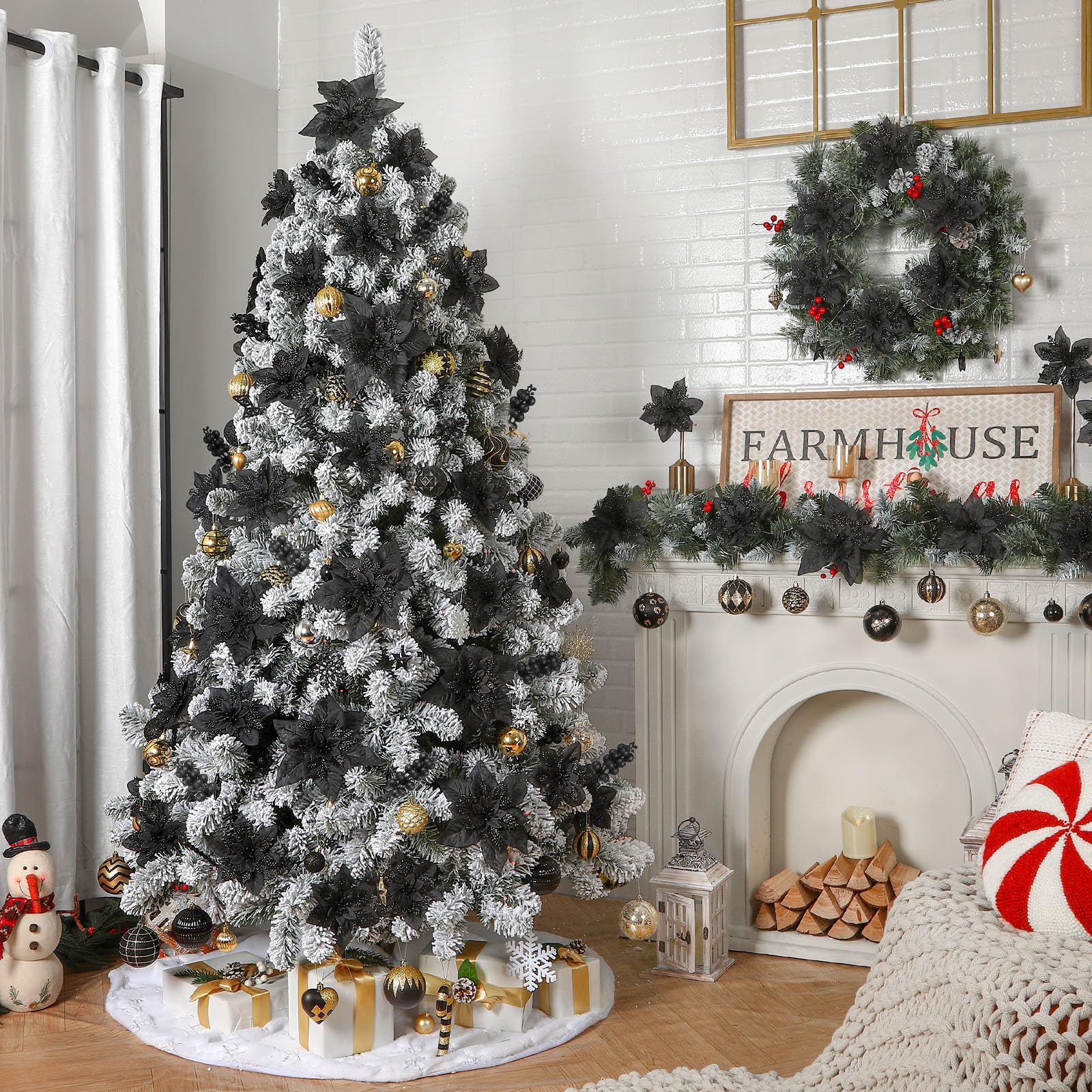 24 Pcs Black Boxed 12Pcs Poinsettias Artificial Christmas Flowers+12Pcs Holly Berry Stems for Christmas Tree Decor - SHareconn