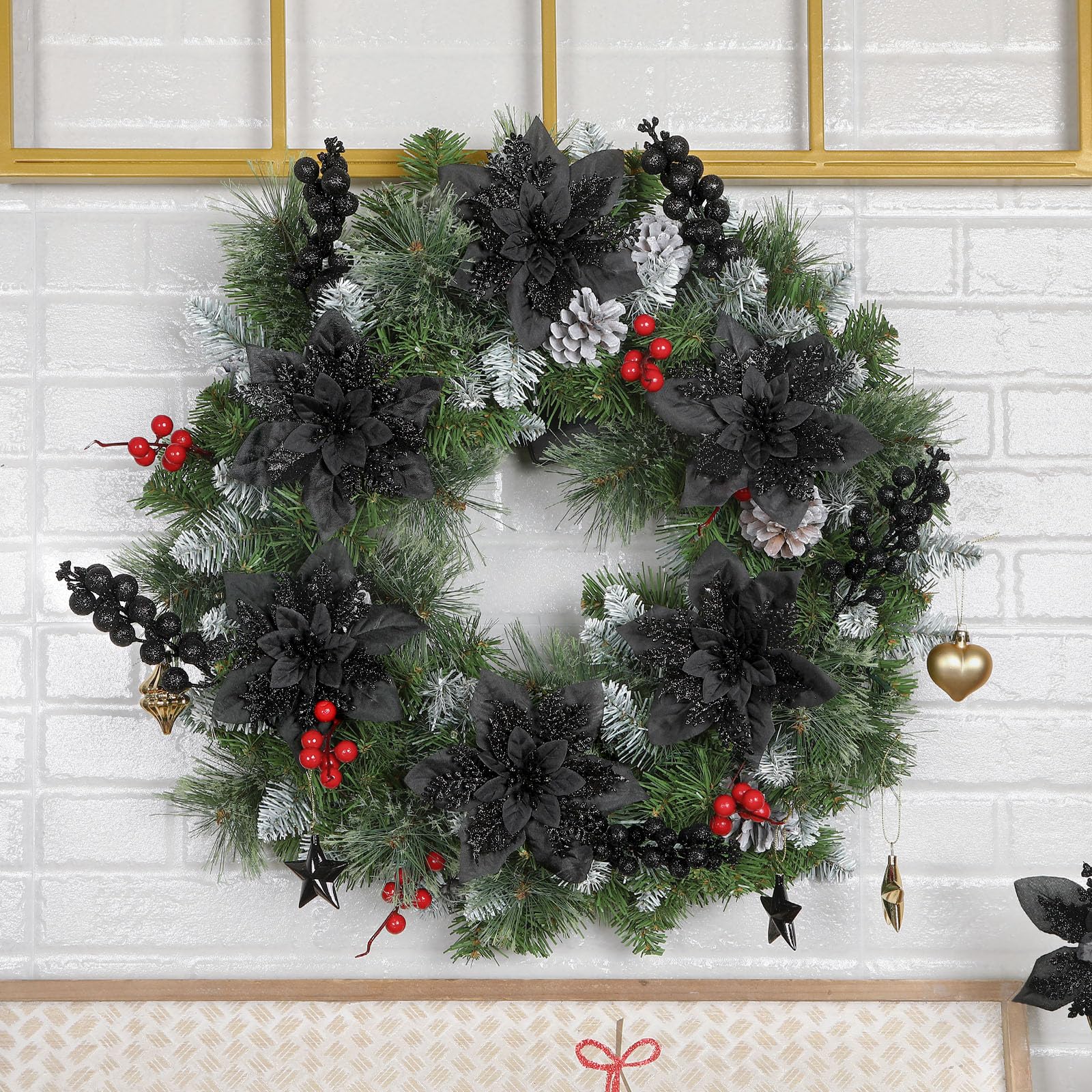 24 Pcs Black Boxed 12Pcs Poinsettias Artificial Christmas Flowers+12Pcs Holly Berry Stems for Christmas Tree Decor - SHareconn