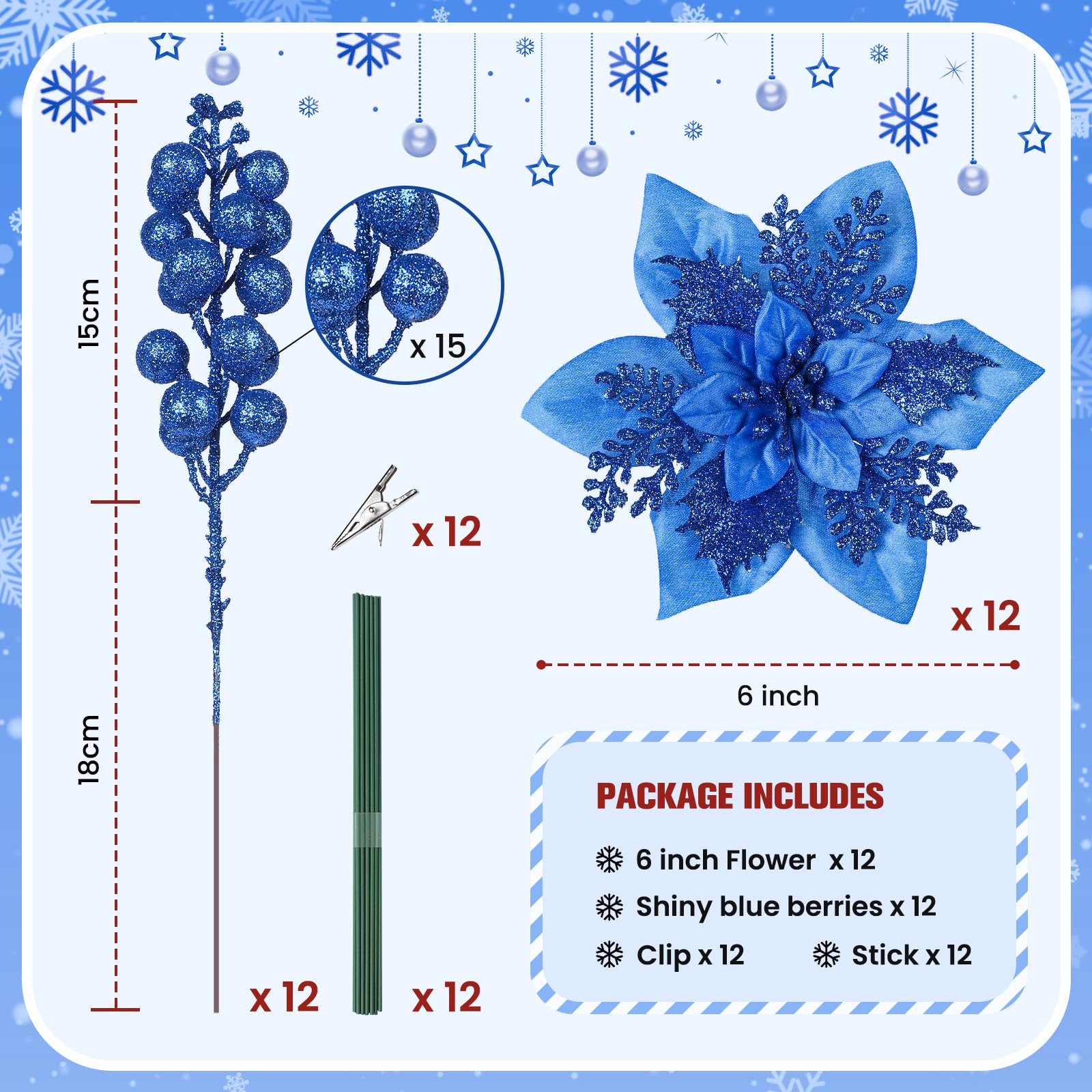 24 Pcs Blue Boxed 12Pcs Poinsettias Artificial Christmas Flowers+12Pcs Holly Berry Stems for Christmas Tree Decor - SHareconn