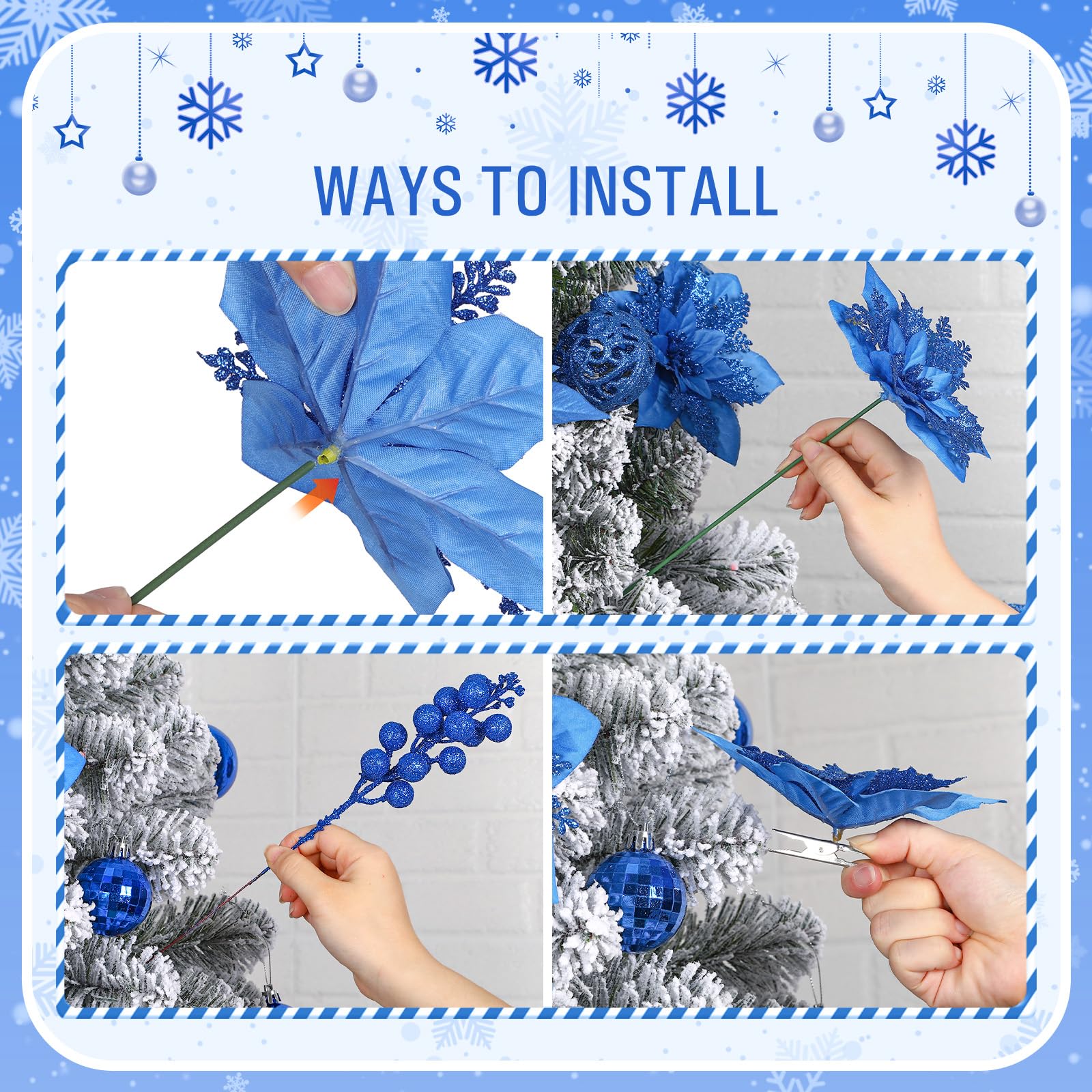 24 Pcs Blue Boxed 12Pcs Poinsettias Artificial Christmas Flowers+12Pcs Holly Berry Stems for Christmas Tree Decor - SHareconn