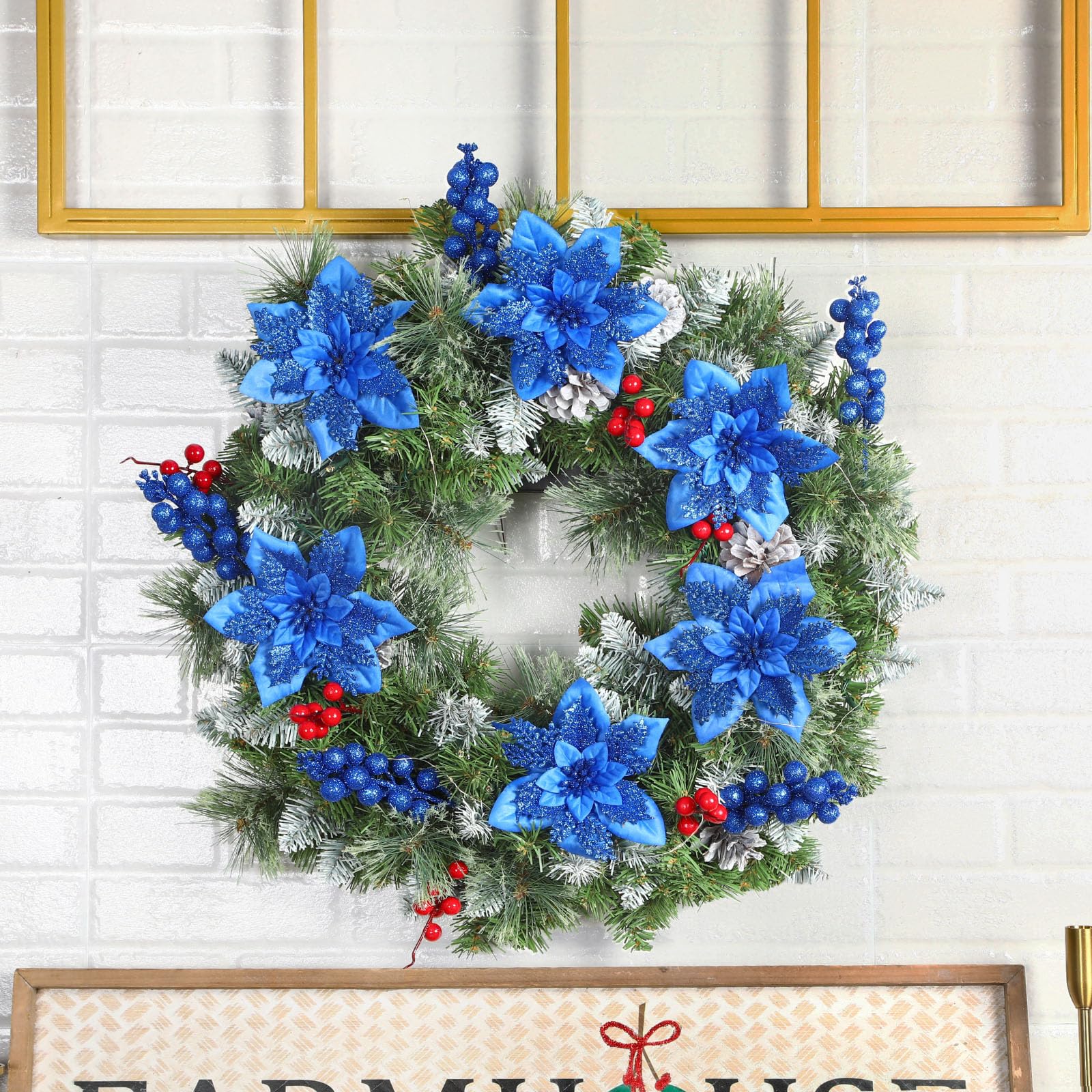 24 Pcs Blue Boxed 12Pcs Poinsettias Artificial Christmas Flowers+12Pcs Holly Berry Stems for Christmas Tree Decor - SHareconn