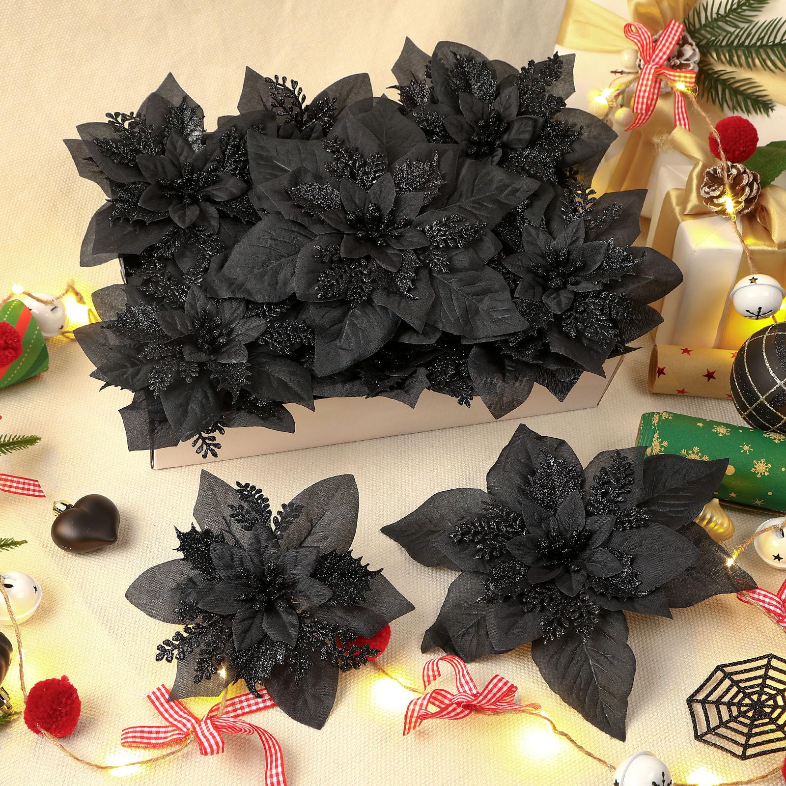 24 Pcs Boxed Christmas Flowers Glitter Tree Picks Ornaments for Wedding Xmas Tree New Year Holiday Decor with Clips and Sticks, Black - SHareconn