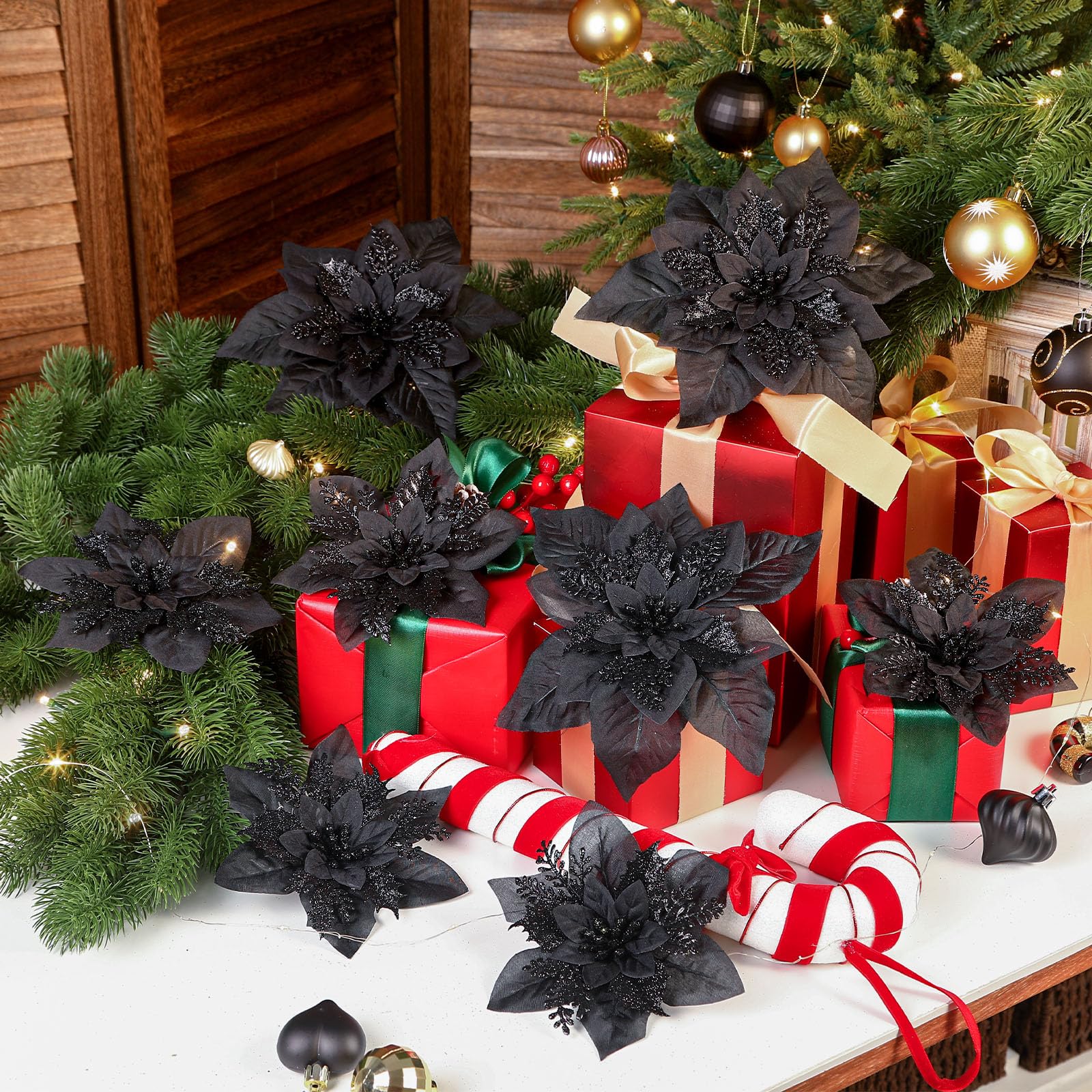 24 Pcs Boxed Christmas Flowers Glitter Tree Picks Ornaments for Wedding Xmas Tree New Year Holiday Decor with Clips and Sticks, Black - SHareconn