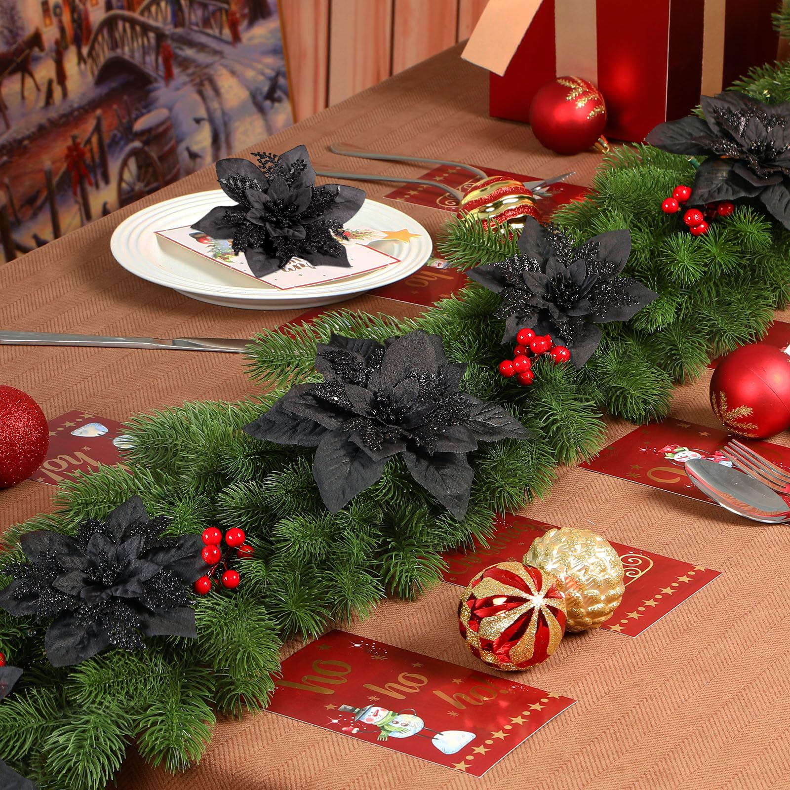 24 Pcs Boxed Christmas Flowers Glitter Tree Picks Ornaments for Wedding Xmas Tree New Year Holiday Decor with Clips and Sticks, Black - SHareconn