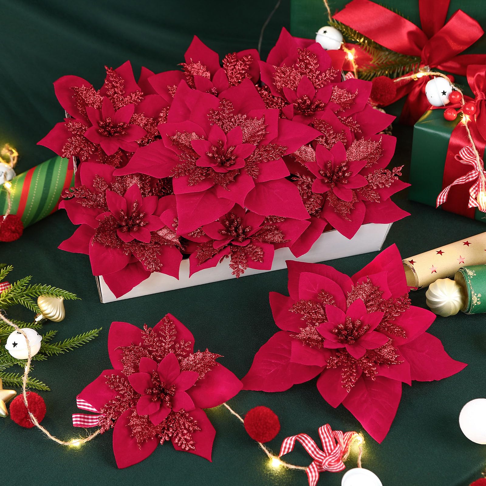 24 Pcs Boxed Christmas Flowers Glitter Tree Picks Ornaments for Wedding Xmas Tree New Year Holiday Decor with Clips and Sticks, Red - SHareconn