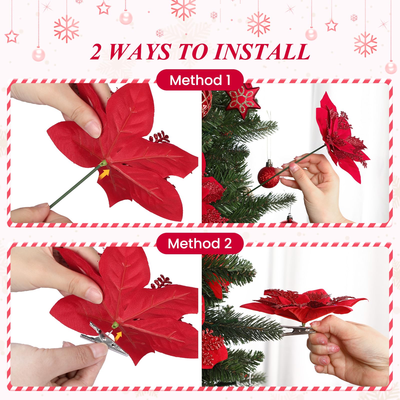 24 Pcs Boxed Christmas Flowers Glitter Tree Picks Ornaments for Wedding Xmas Tree New Year Holiday Decor with Clips and Sticks, Red - SHareconn