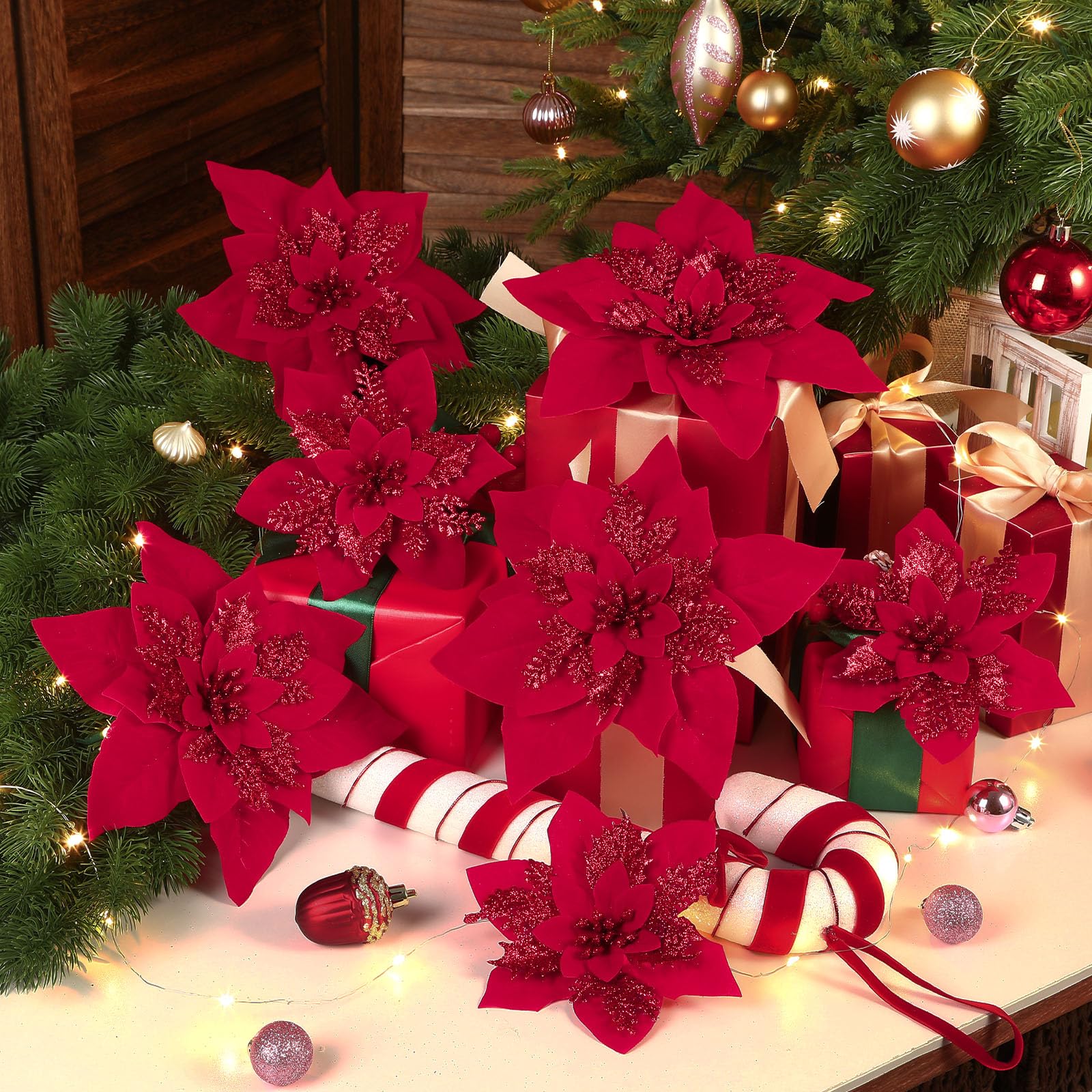 24 Pcs Boxed Christmas Flowers Glitter Tree Picks Ornaments for Wedding Xmas Tree New Year Holiday Decor with Clips and Sticks, Red - SHareconn