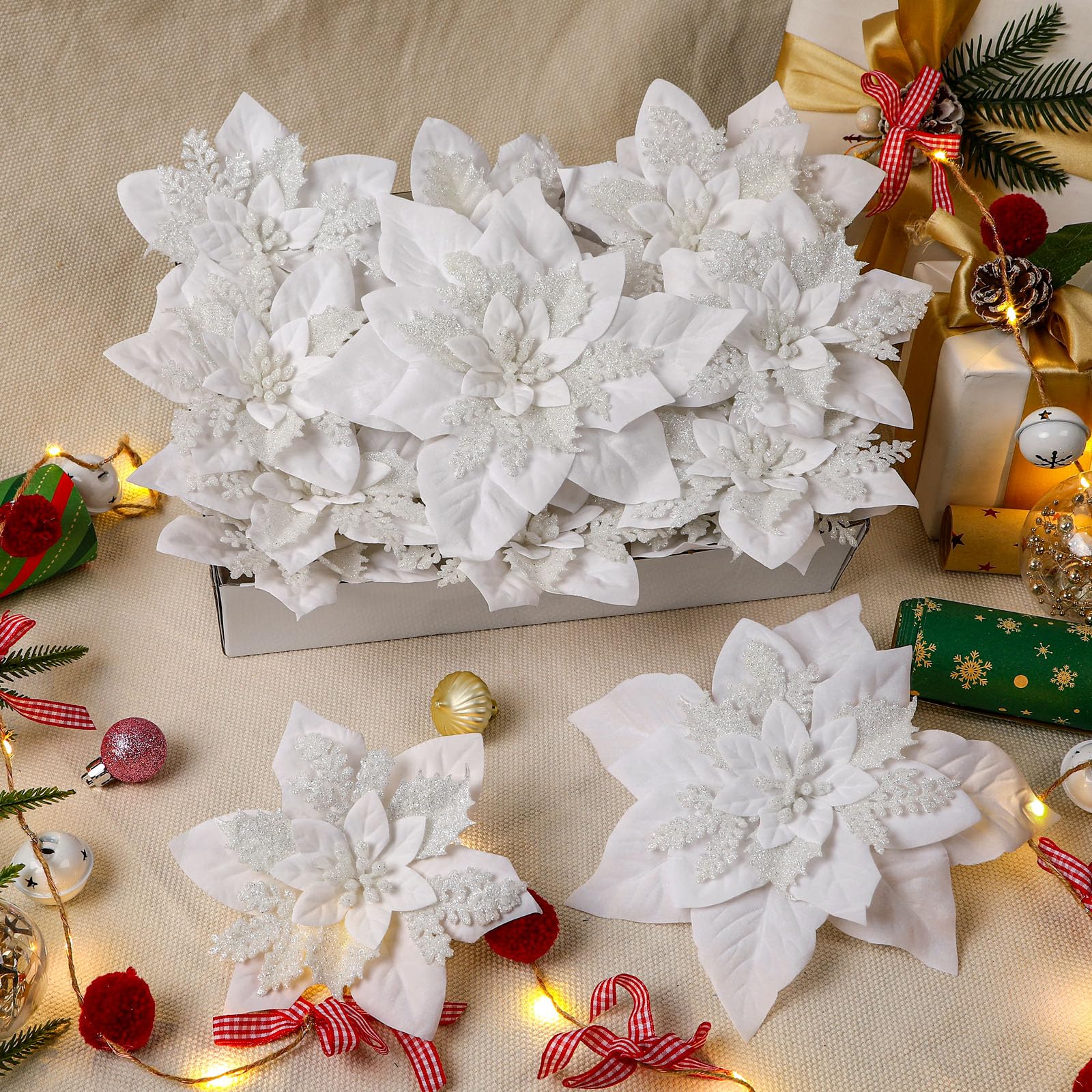 24 Pcs Boxed Christmas Flowers Glitter Tree Picks Ornaments for Wedding Xmas Tree New Year Holiday Decor with Clips and Sticks, White - SHareconn