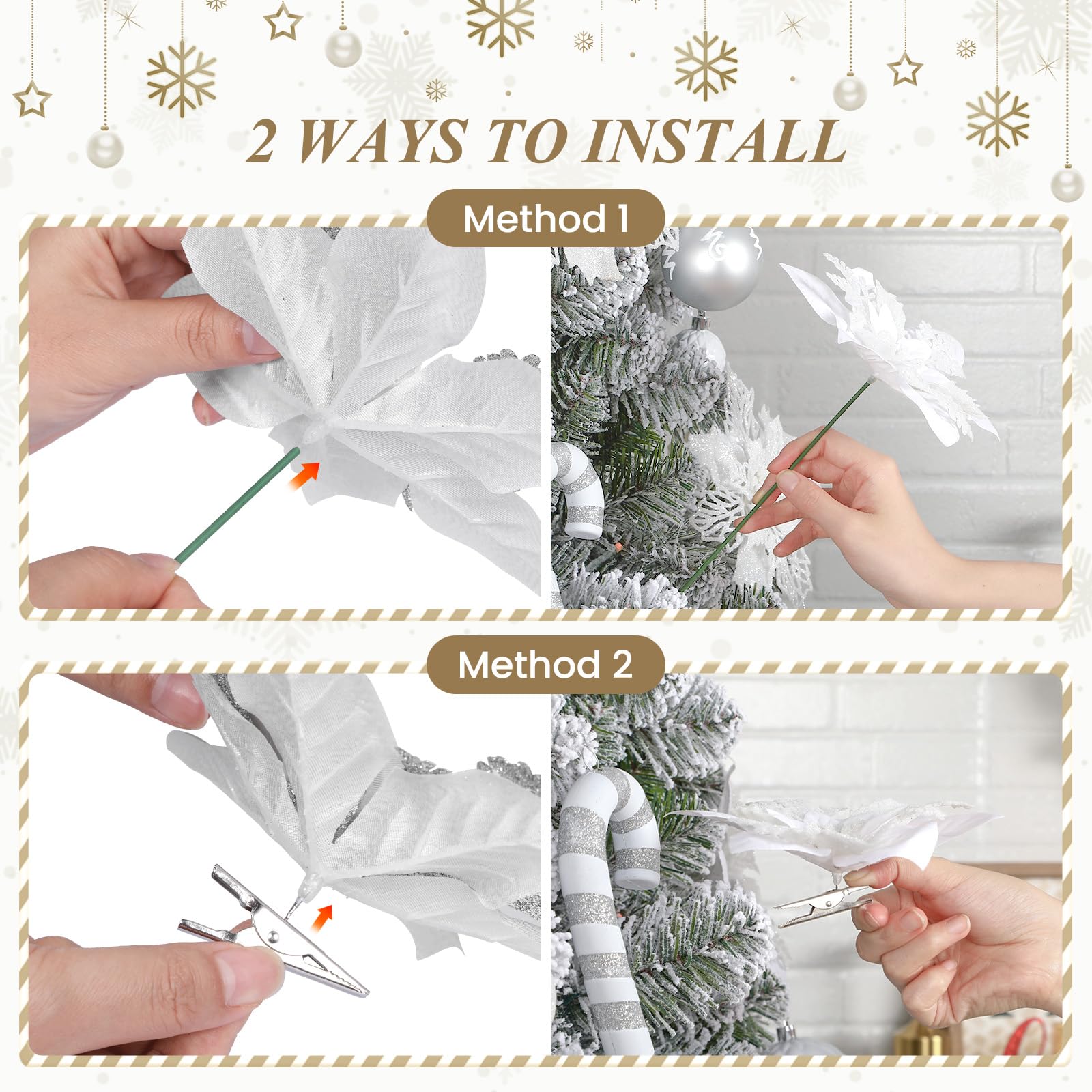 24 Pcs Boxed Christmas Flowers Glitter Tree Picks Ornaments for Wedding Xmas Tree New Year Holiday Decor with Clips and Sticks, White - SHareconn