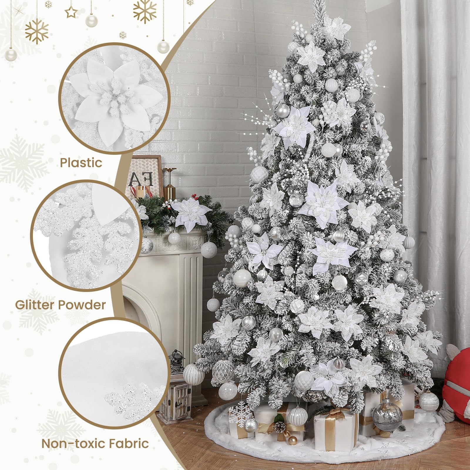 24 Pcs Boxed Christmas Flowers Glitter Tree Picks Ornaments for Wedding Xmas Tree New Year Holiday Decor with Clips and Sticks, White - SHareconn