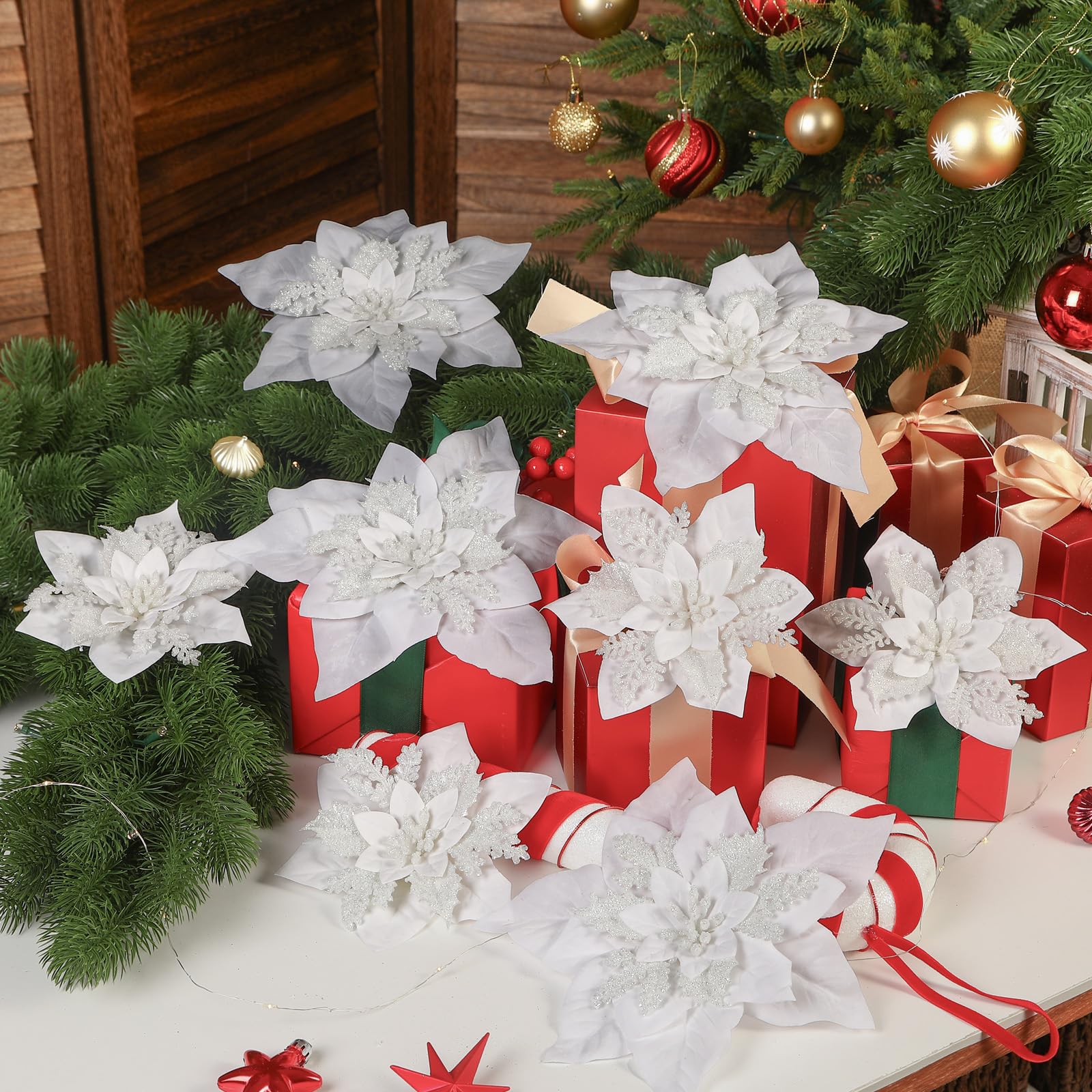 24 Pcs Boxed Christmas Flowers Glitter Tree Picks Ornaments for Wedding Xmas Tree New Year Holiday Decor with Clips and Sticks, White - SHareconn