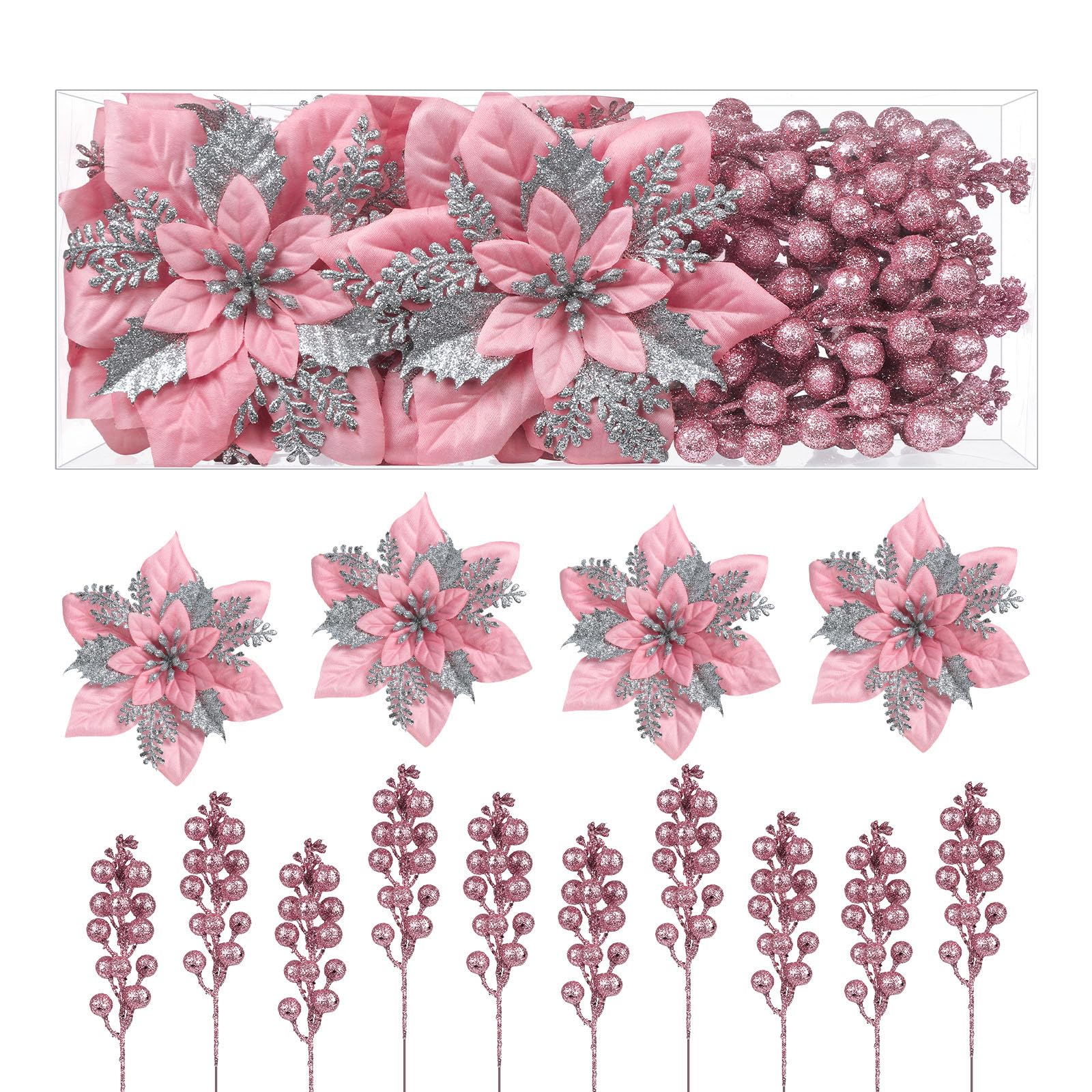 24 Pcs Pink & Silver Boxed 12Pcs Poinsettias Artificial Christmas Flowers+12Pcs Holly Berry Stems for Christmas Tree Decor - SHareconn