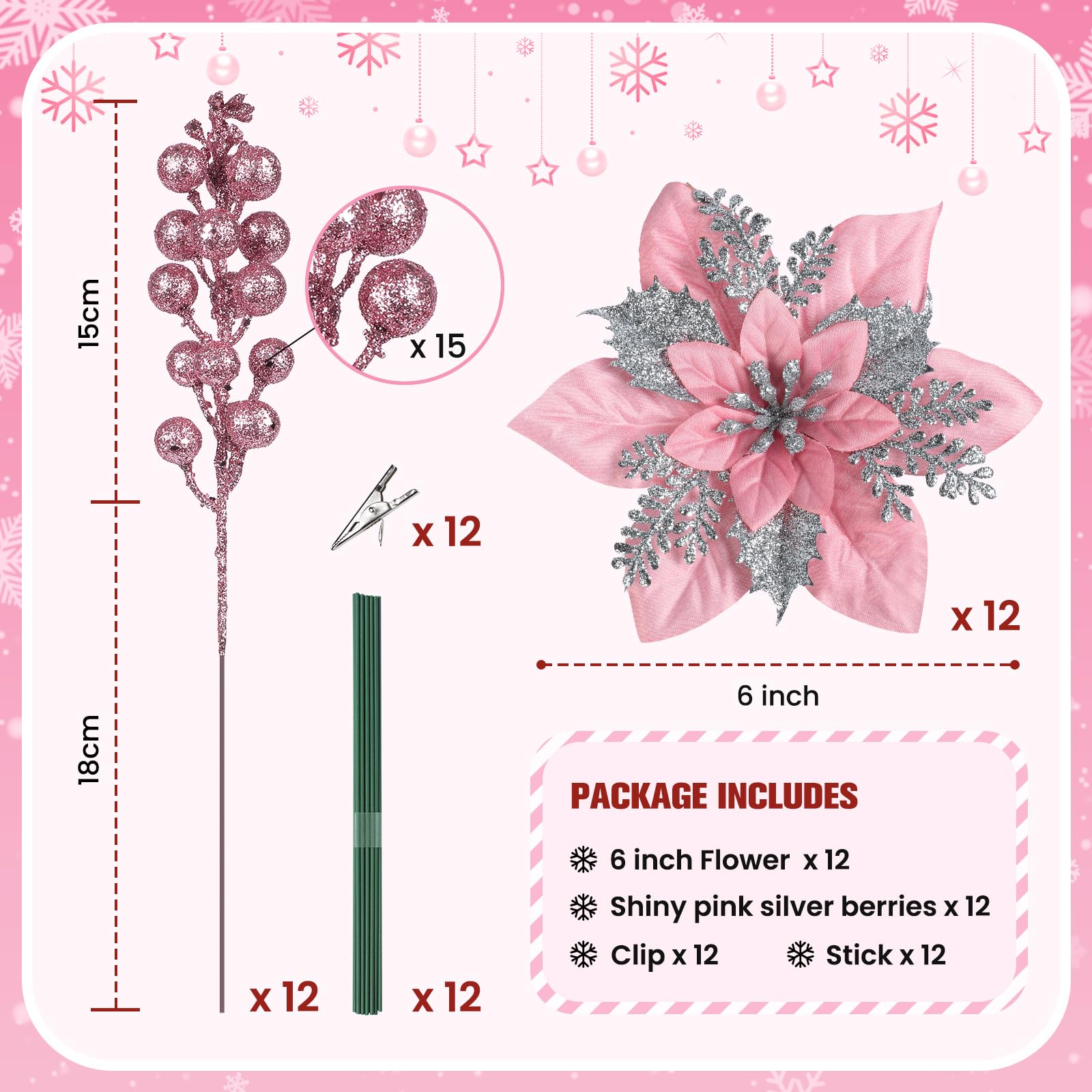 24 Pcs Pink & Silver Boxed 12Pcs Poinsettias Artificial Christmas Flowers+12Pcs Holly Berry Stems for Christmas Tree Decor - SHareconn